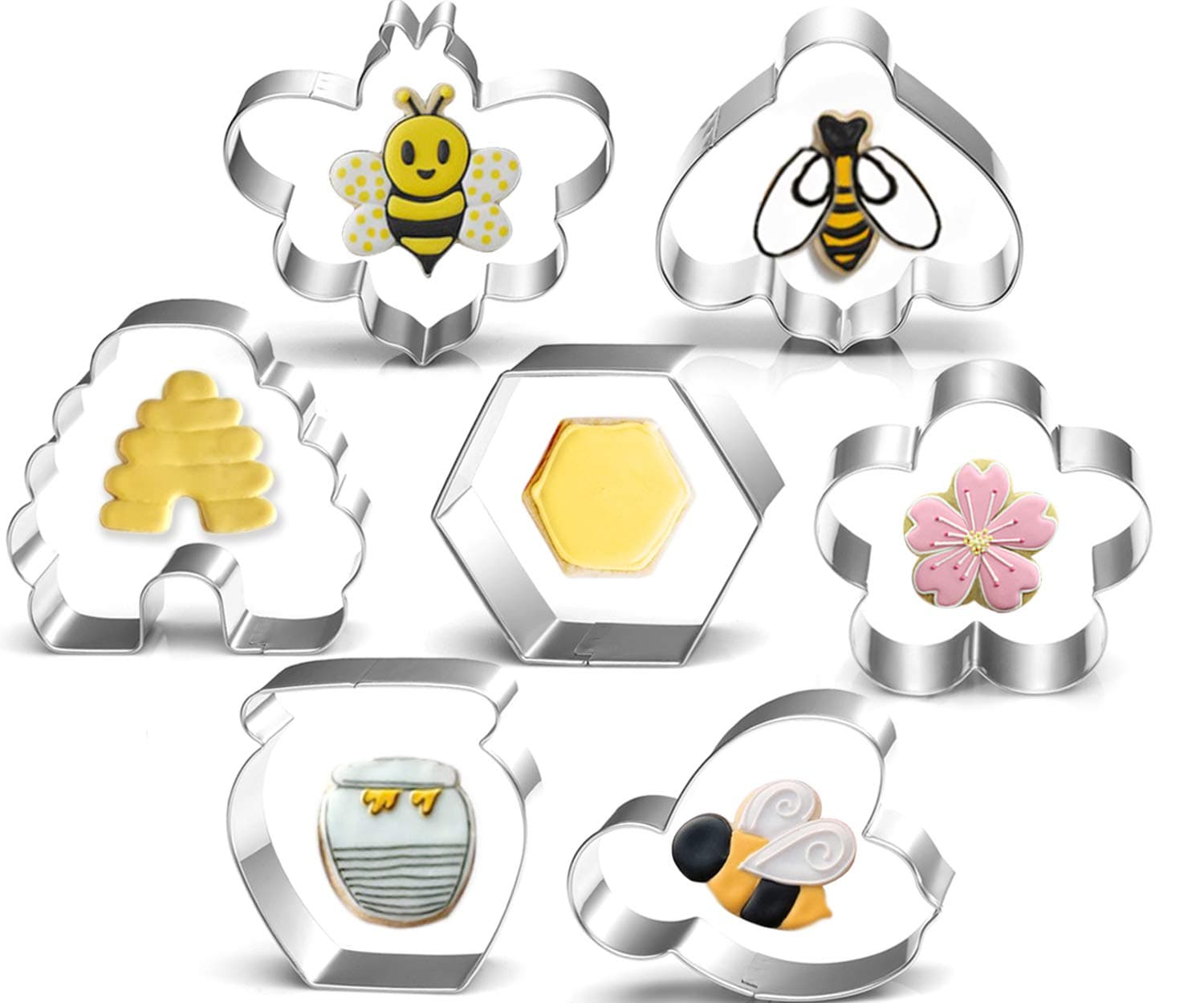 Bee Cookie Cutters Set - 3 Inches - 7 Piece - Beehive, Flower, Honeycomb and Honey Jar Stainless Steel Biscuit Molds for Honey Bee Party Decoration Favor