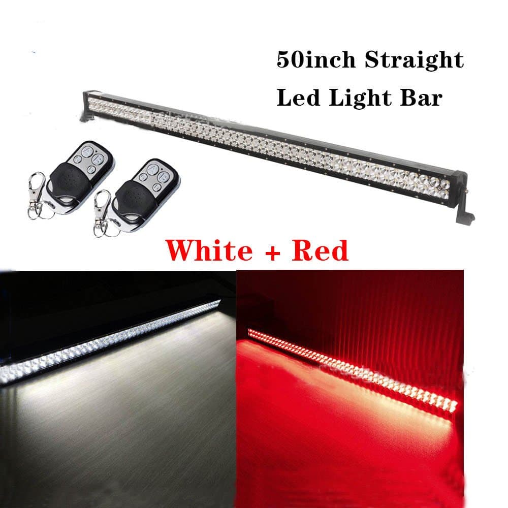 Night Break Light Straight 50 Inch 288W Flash White Red LED Spot Flood Combo Work Lights Bar Fog Driving with Free Remote Controller Led Warning Light Bar for 4WD Off Road Truck Suv Ute Atv 4x4 Boat