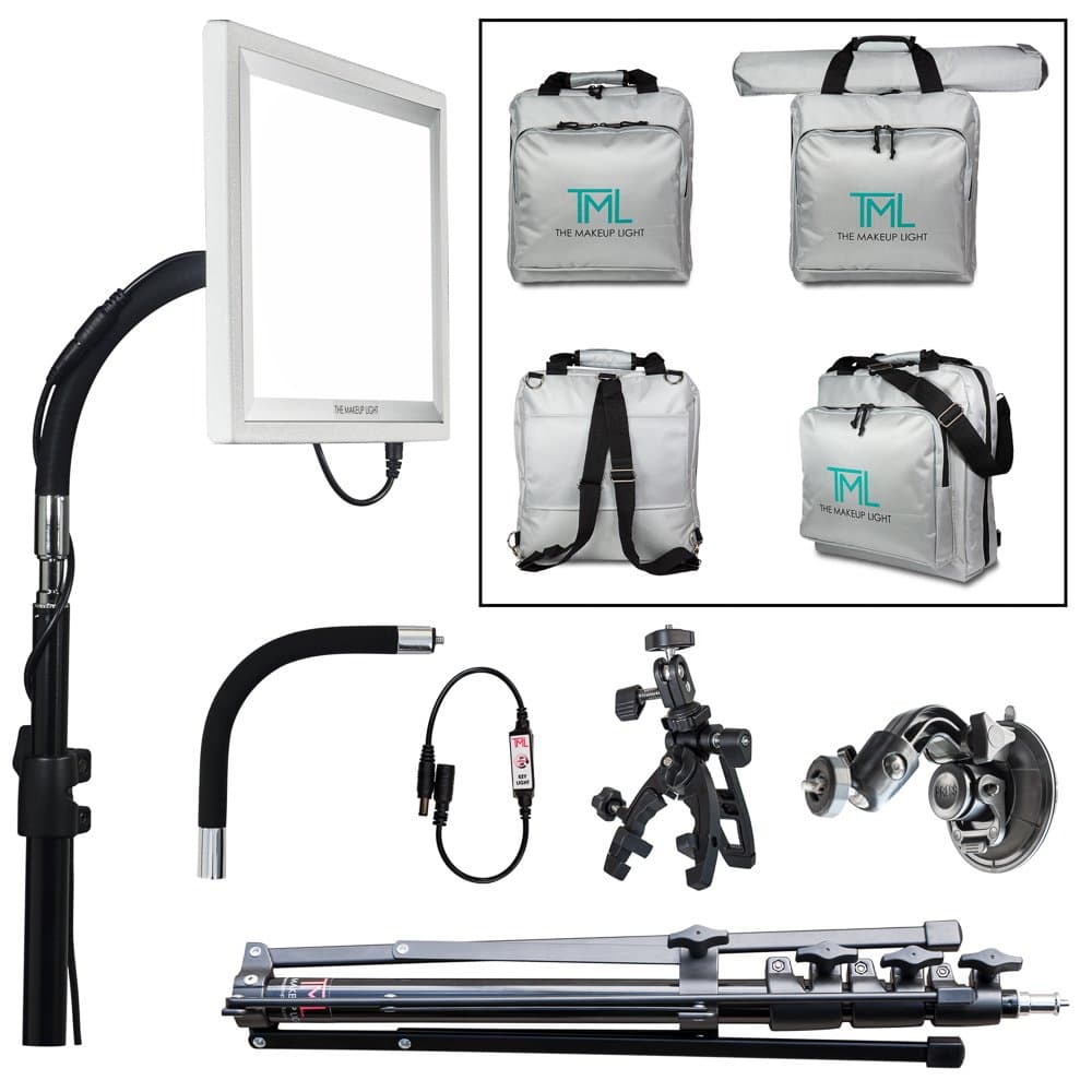 The Makeup Light Key Light Pro Kit, Nickel / White with Adjustable Gooseneck, Suction Mount, Clamp Mount and Carry Bag