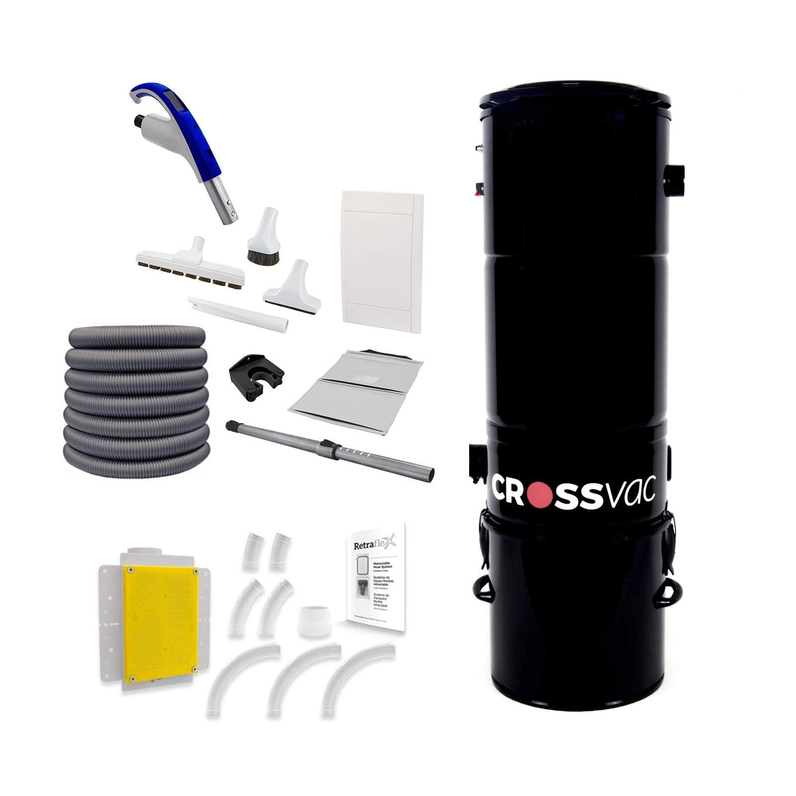 CrossVac Central Vacuum Cleaner Set Retraflex Medium with CrossVac Central Vacuum Cleaner 2750 9.1 m Retraflex Hose Insert System Installation Kit for Retraflex Vacuum Pipes and Installation Materials