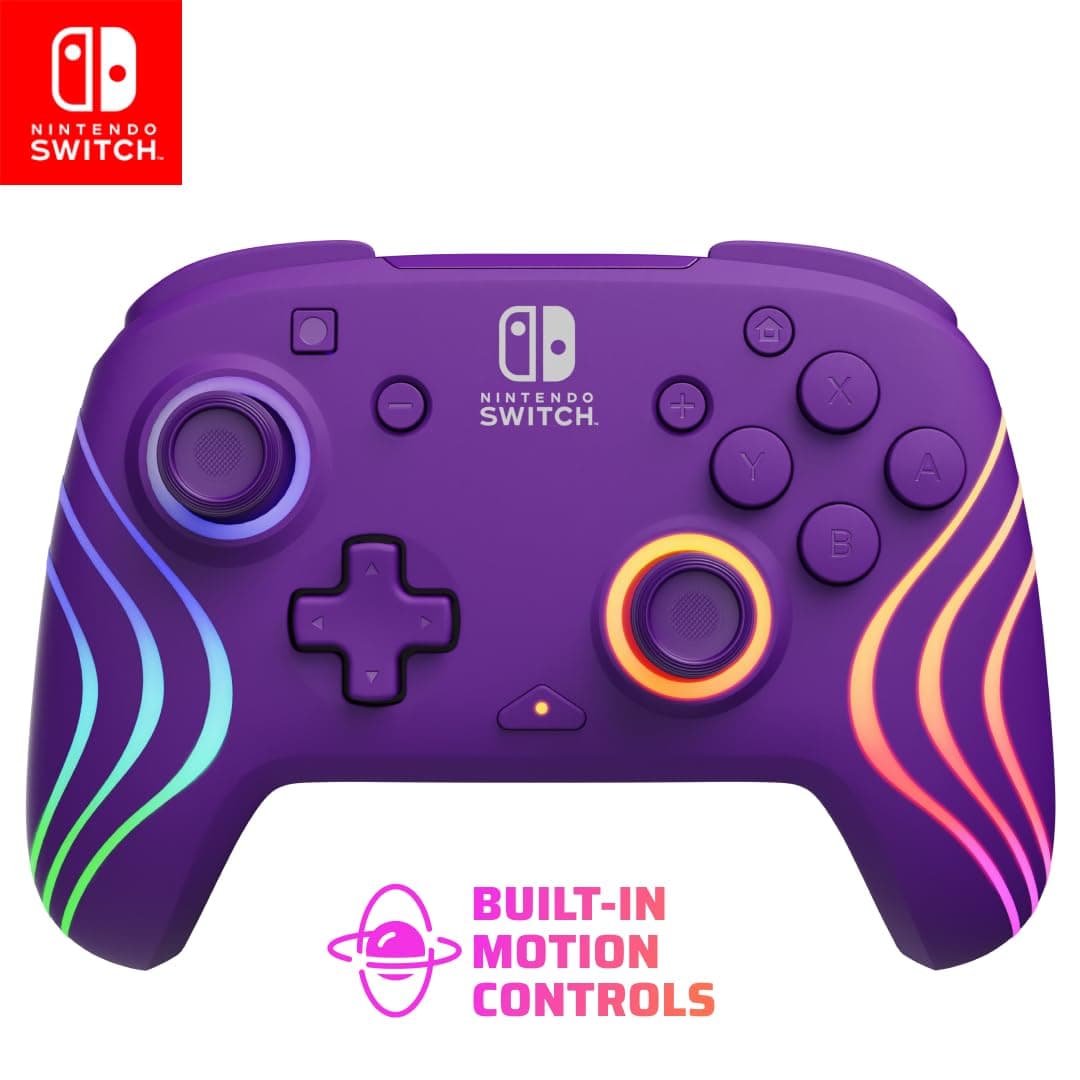 PDP Afterglow Wave Wireless Pro Controller with Full Motion for Nintendo Switch, Nintendo Switch - OLED Model, 8 RGB LED Lighting Zones, 30 Foot Range, 20 Hour Rechargeable Battery Purple
