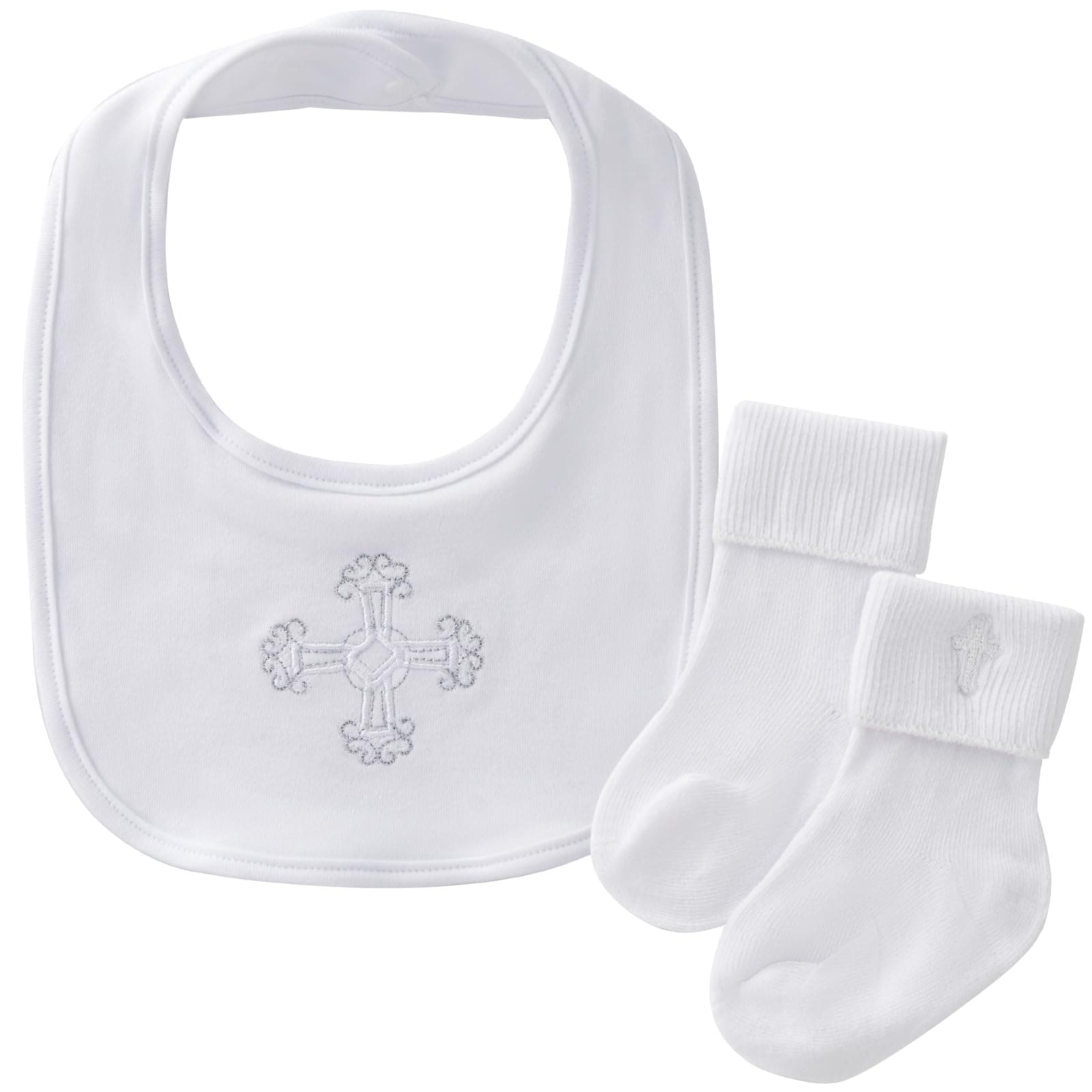 Booulfi Christening Outfits for Boys with Cross Embroidery Baby Cotton Bib and White Christening Sock Set