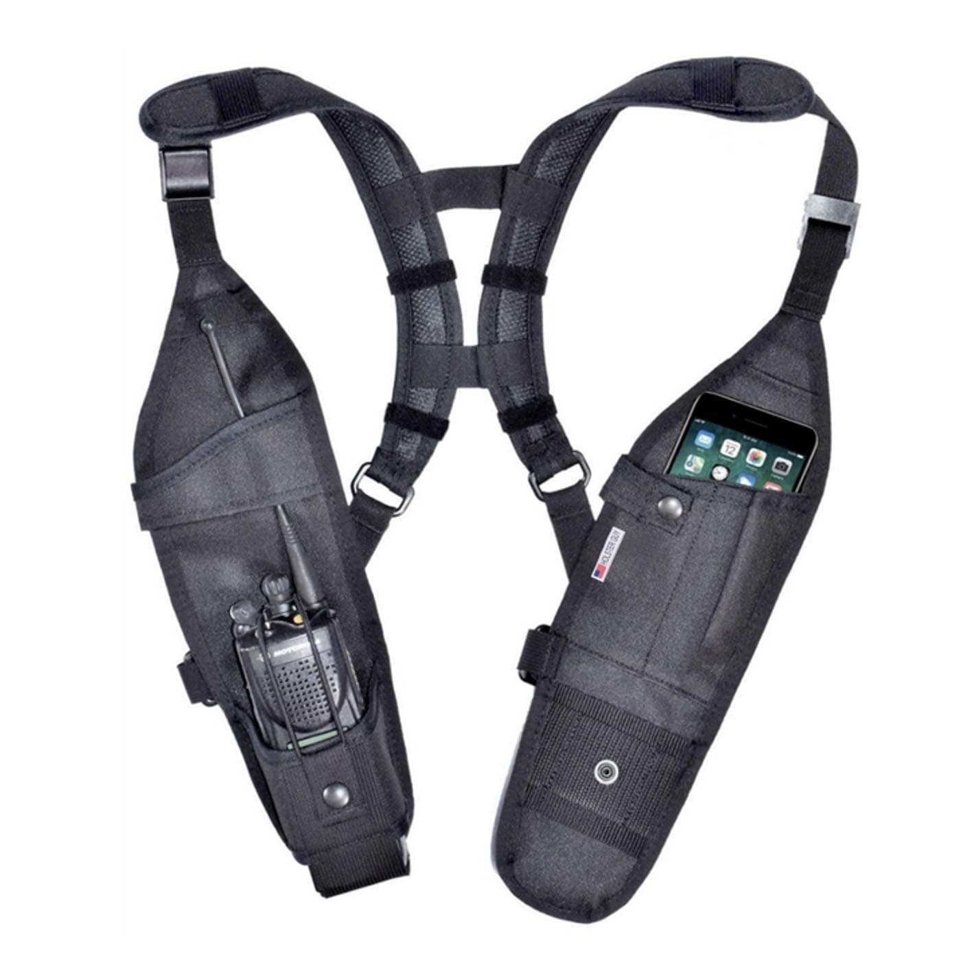 USH-300D Double Radio Shoulder Holster Chest Harness with an Adjustable Radio Pouch fits All Medium to Large Motorola ICOM Vertex Two Way Radios. Made in The USA
