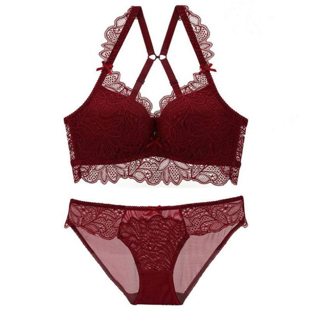 zysymx New thickening small chest gathered no steel ring bra lace embroidery beauty back girl underwear set 酒红色 80B
