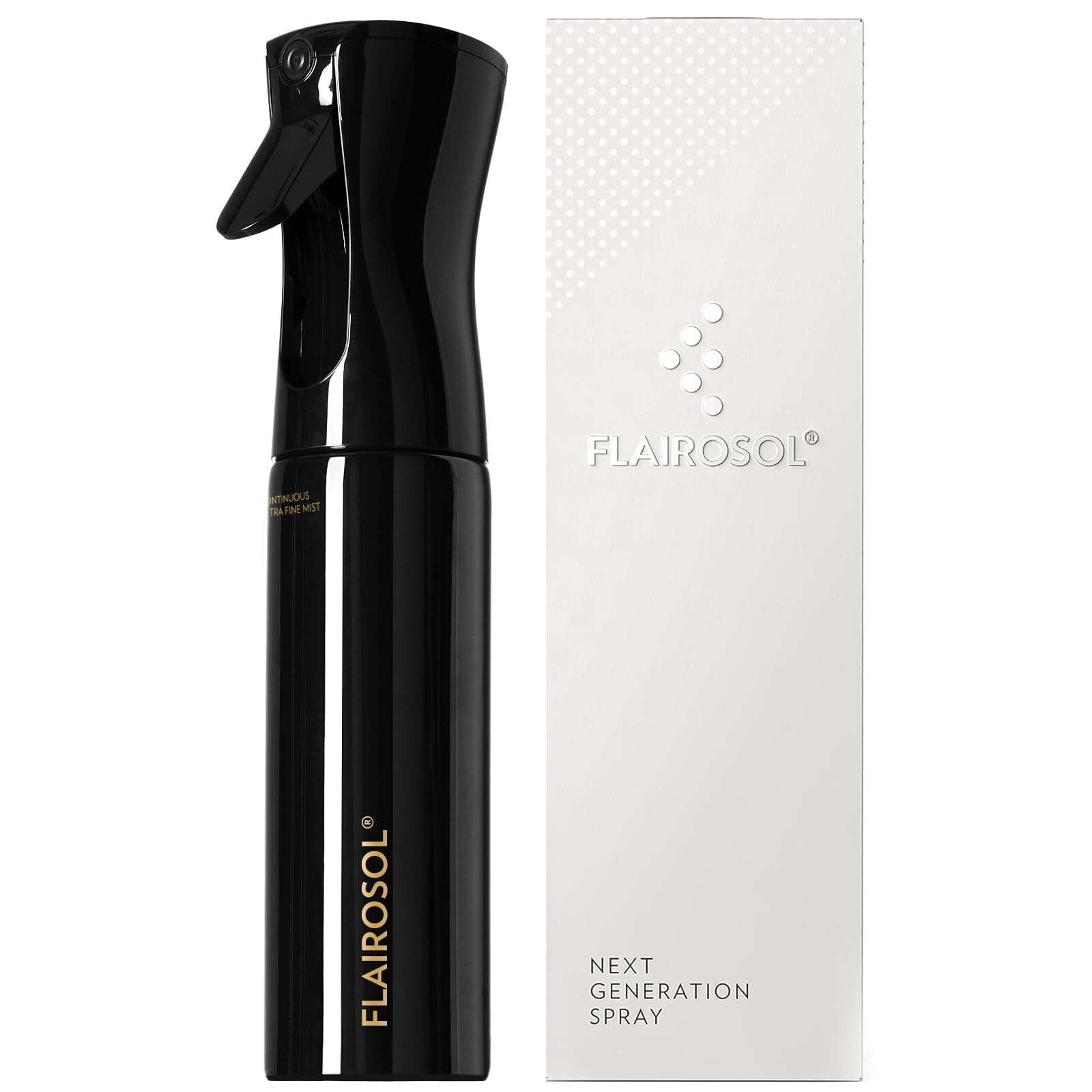 FLAIROSOL Spray Bottle for Hair, 300ml Continuous Ultra Fine Mister Spray Bottle for Hairstyling, Plants & More, Black Bottle, Gold Print