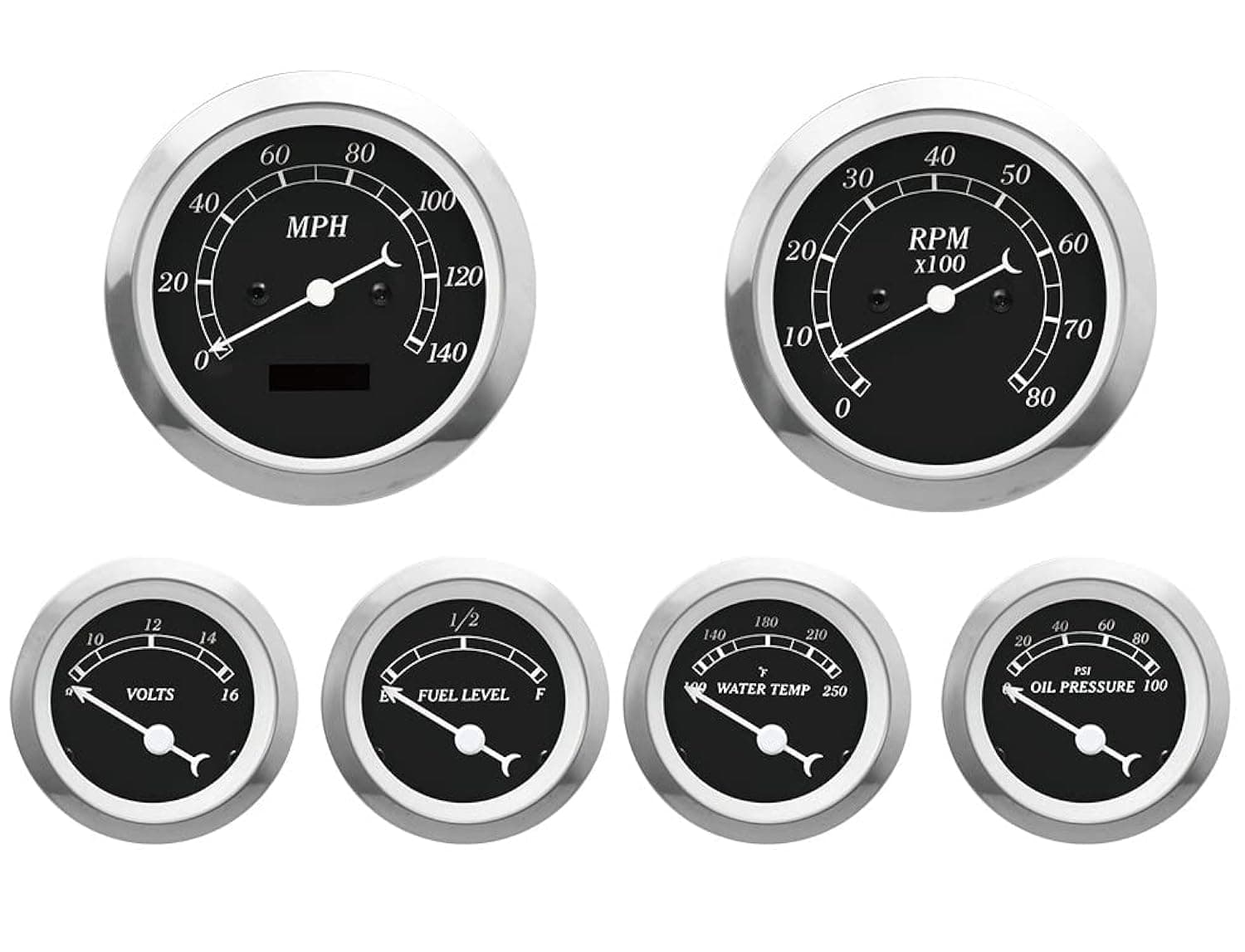 Classic 6 Gauge Set with ECU Based Electrical Speedometer Digital Odometer Black Dial White Needle Light Bulb Illumination 85mm 3-3/8" & 52mm 2-1/16"