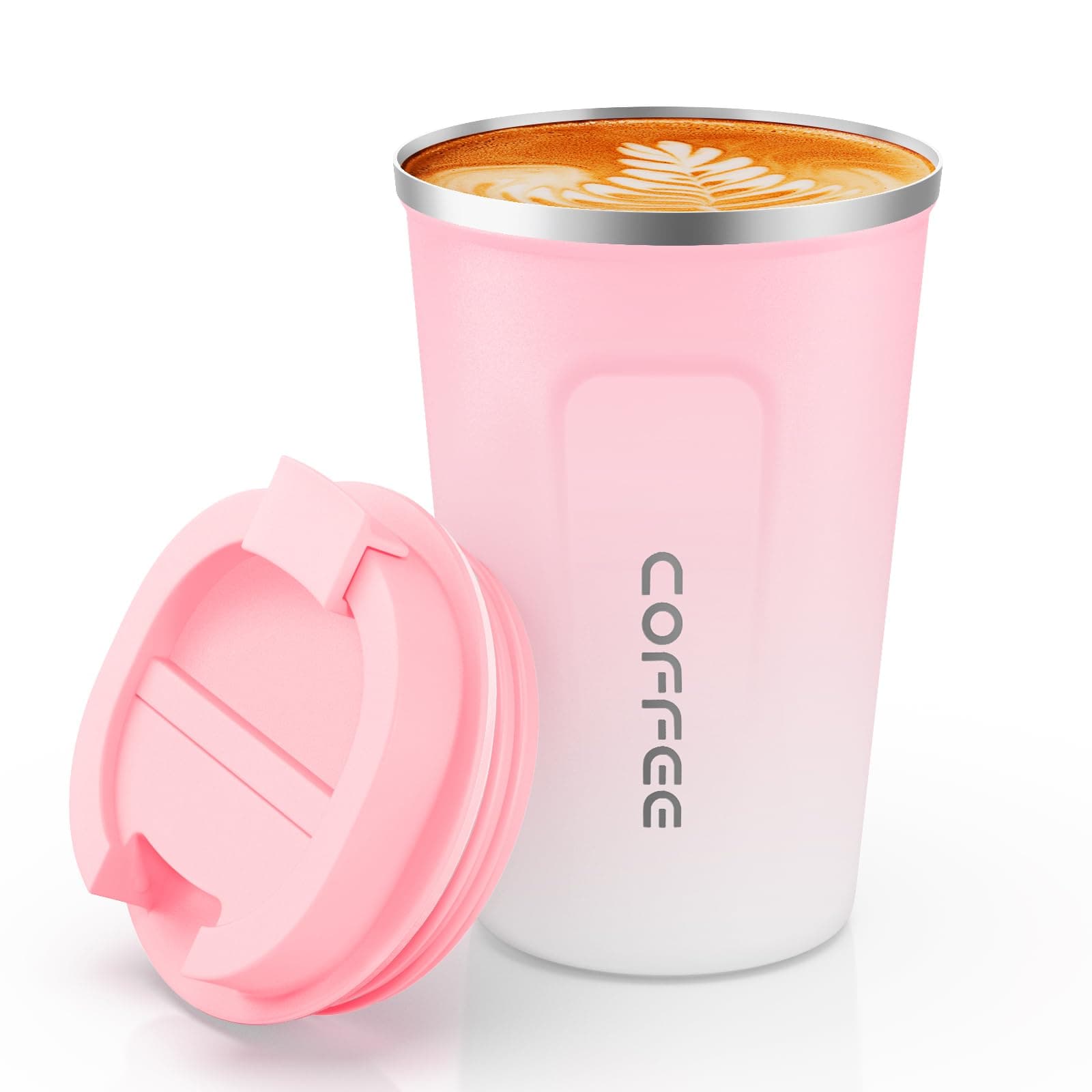 MOMSIV Coffee Cup, 380ml Vacuum Reusable Leakproof Double Wall Coffee Cup, Insulation Stainless Steel Eco-Friendly Travel Office Mug for Hot Coffee Tea and Cold Drinks, Pink