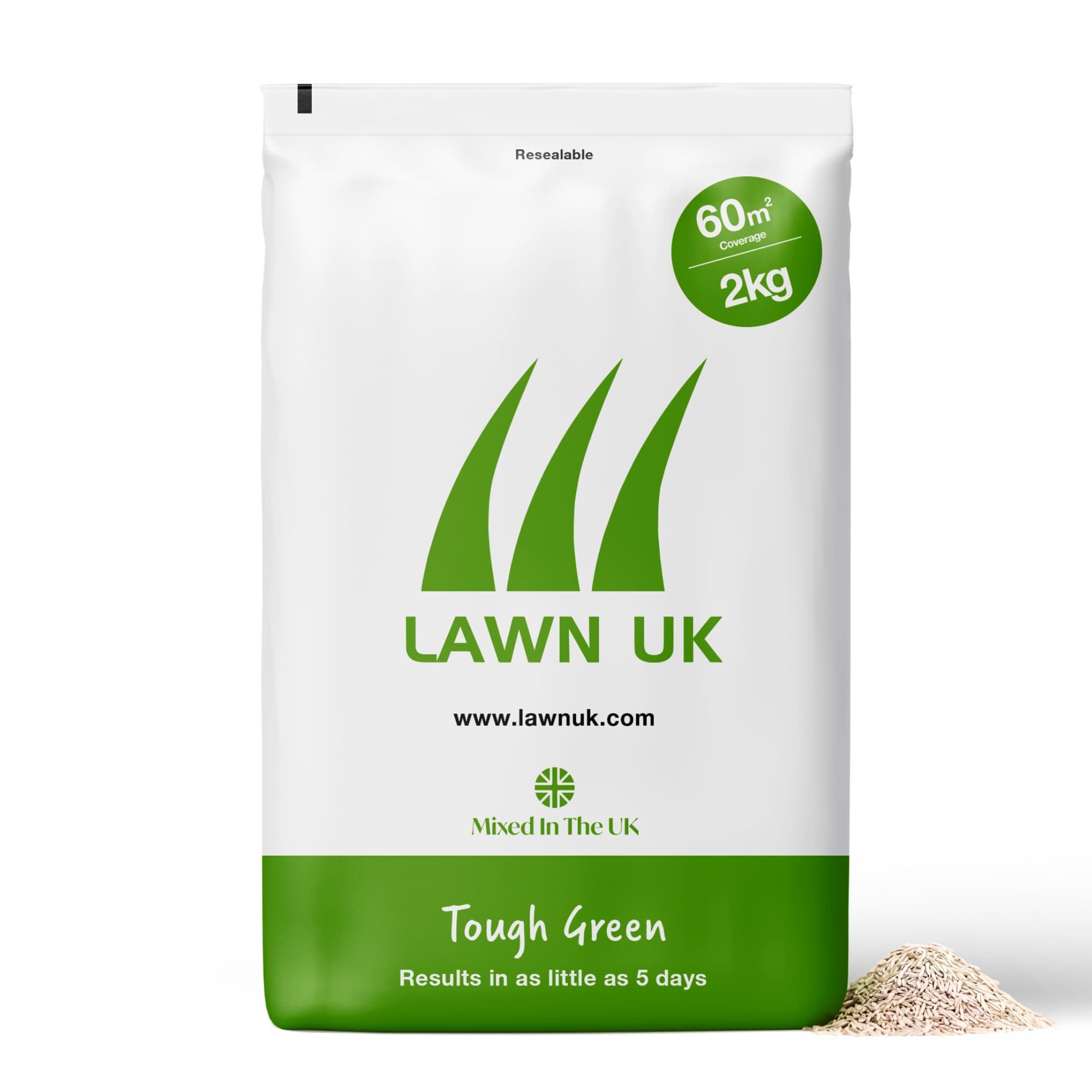 Tough Green Grass Seed by Lawn UK - 2KG - Superior Tough - Extra Durable & Easy to Grow - Everyday use - Combining Sprogs & Dogs & Premium Green Attributes - from 5 Day Growth - Consistent Green