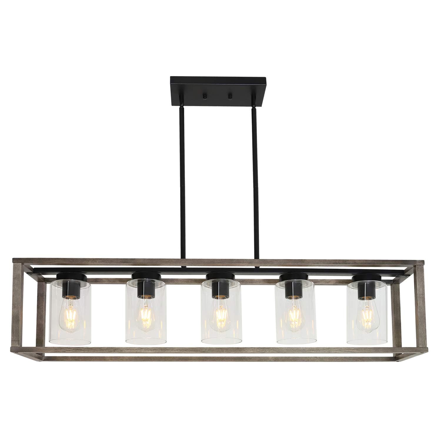 VINLUZ 5-Light Wood Chandelier Linear Industrial Kitchen Island Pendant Lighting Gray Wooden Frame Accents, Dining Room Lighting with Glass Shade Modern Farmhouse Light Fixtures for Entryway Foyer
