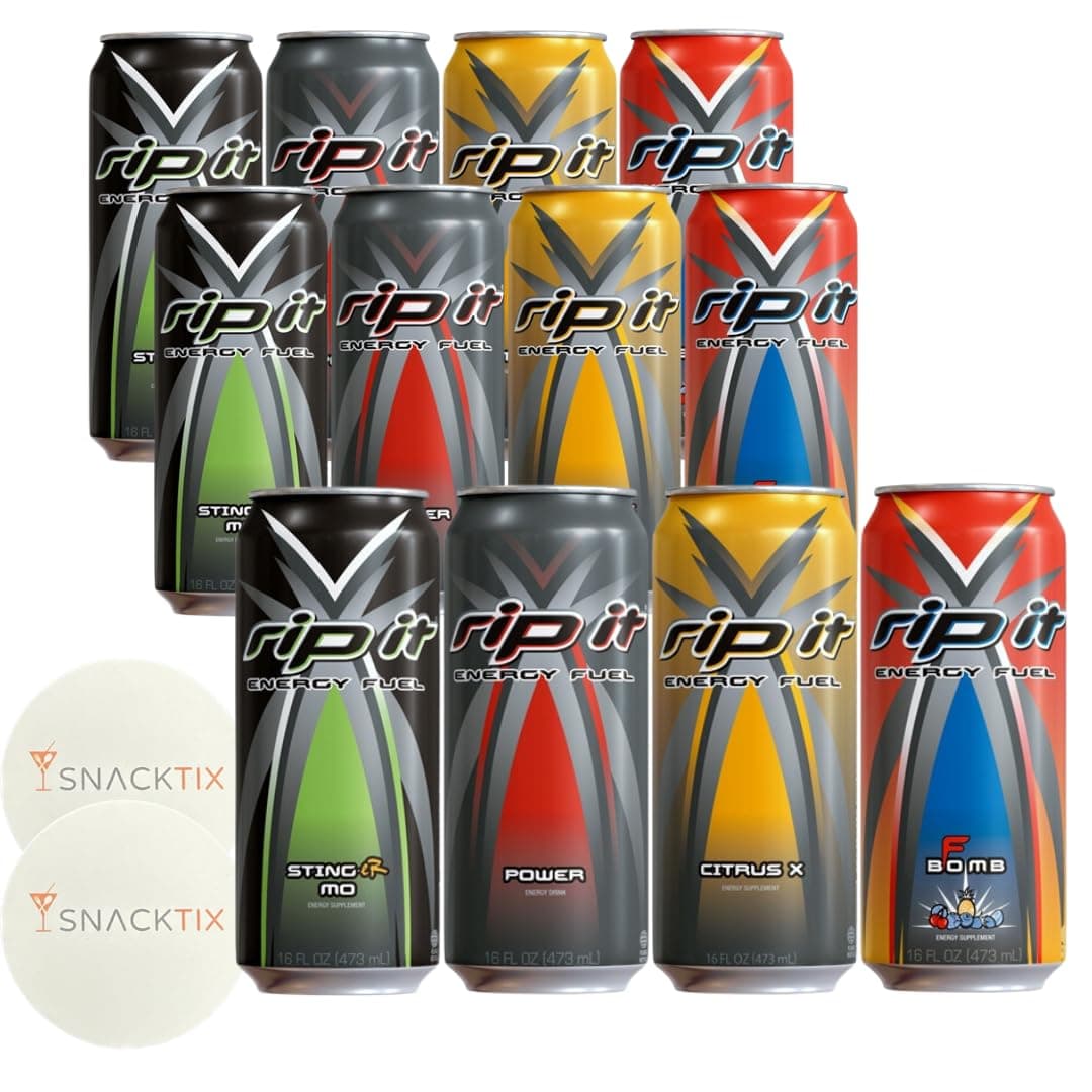 Rip It Energy Drink Variety Pack - 12 Cans of 16 fl oz Each - Assorted Flavors for an Energy Rush - with Snacktix Coaster Included (Power Energy)