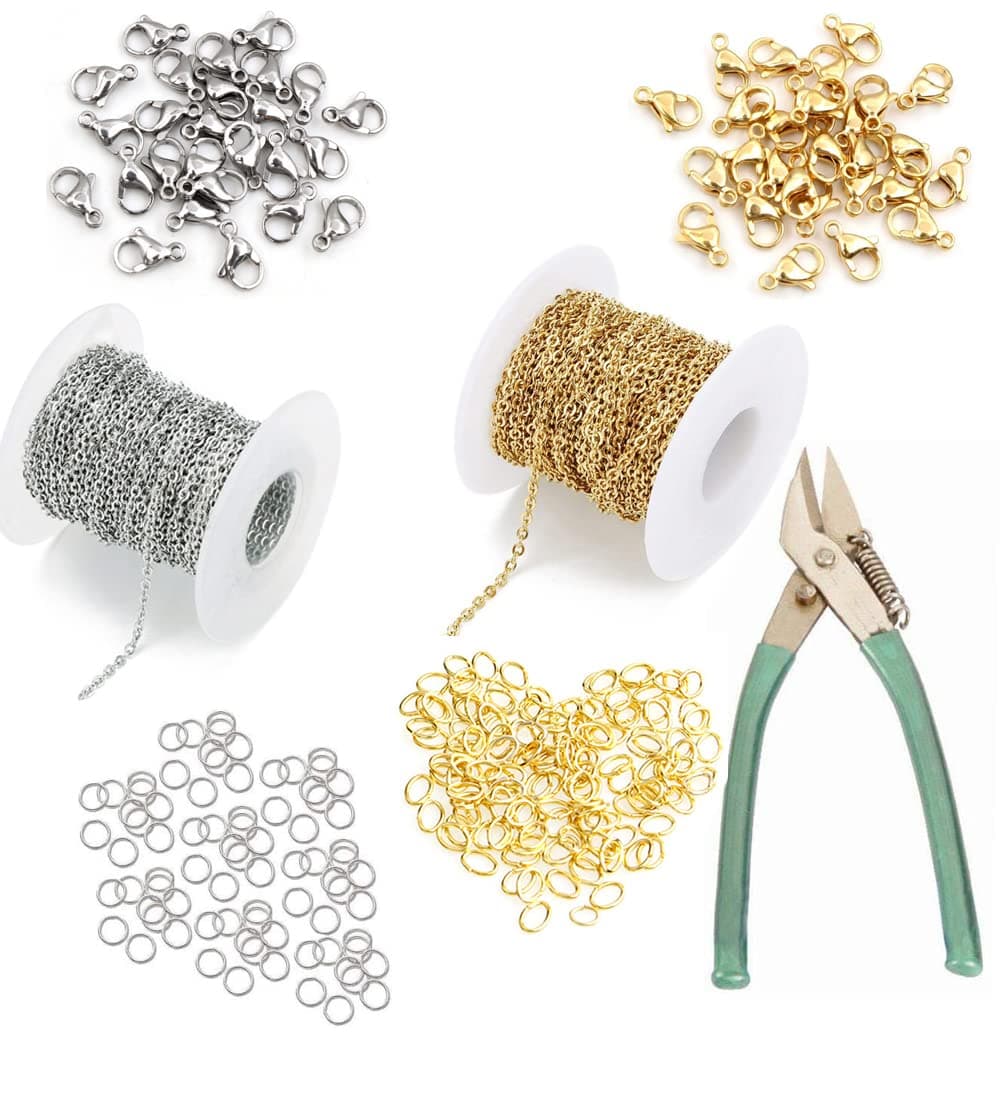 Combo of Silver & Gold Sitara Link Necklace Metal Chain 10 Meter Each with Side Cutter Plier, 20 Lobster Clasps & Free Jump Rings for Jewelry Making