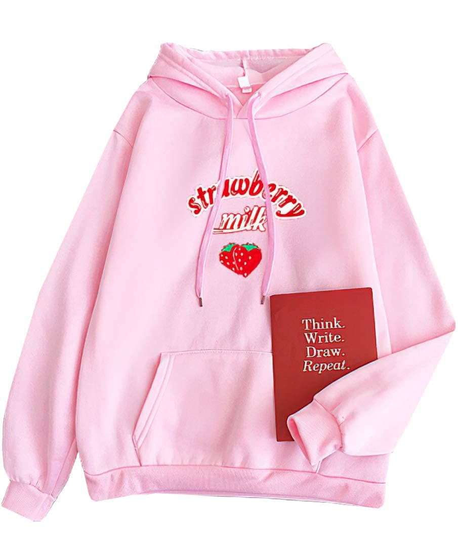 Women Kawaii Sweatshirts Cute Strawberry Milk Hoodie Kpop Pullover
