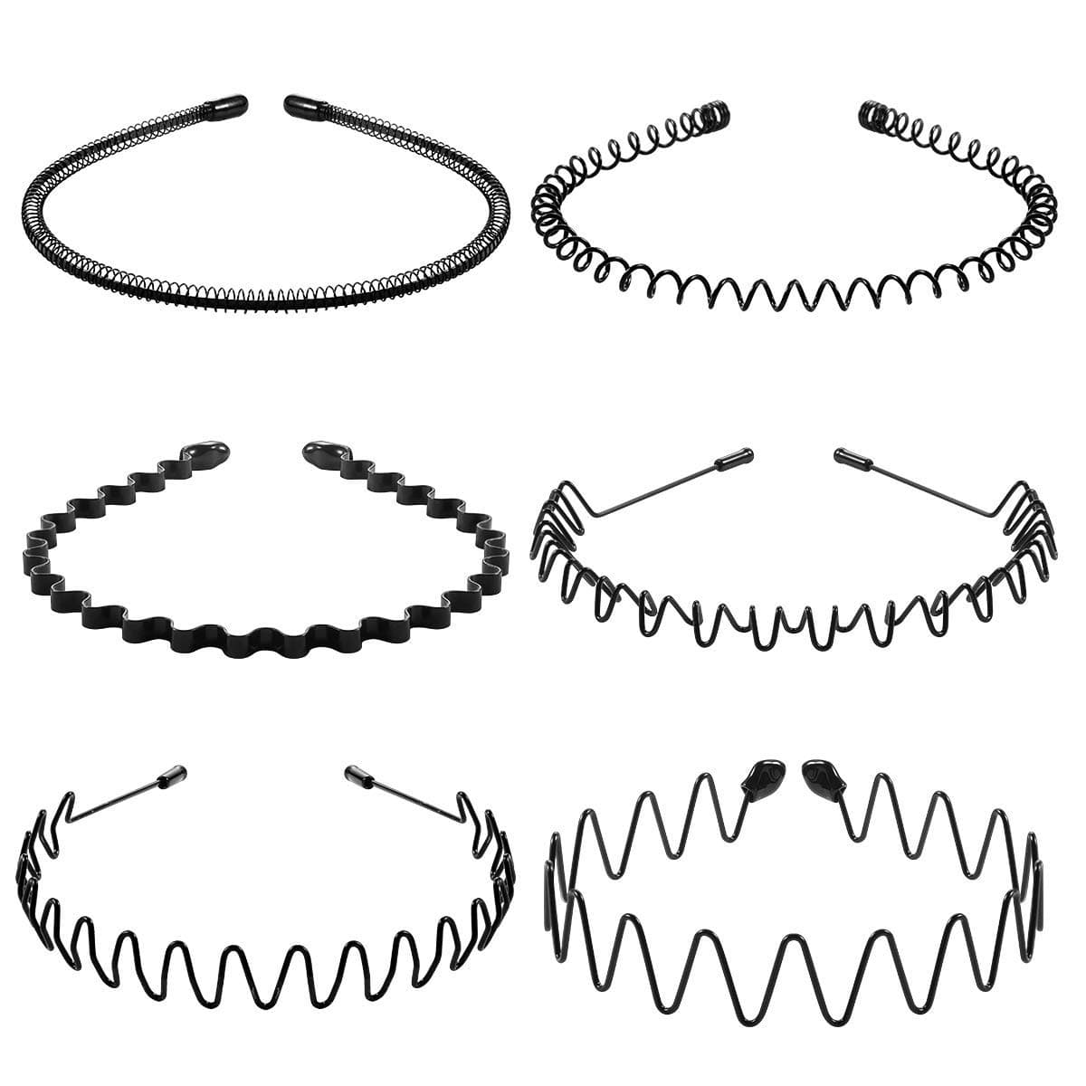 Metal Hair Bands for Men Women's Headbands Beauty Care, Unisex Black Wavy Spring Sports for Men's Hair Band Hoop Clips Women Accessories Simple Elastic Non Slip Wide Headwear Bandeau Outdoors (6 pack)