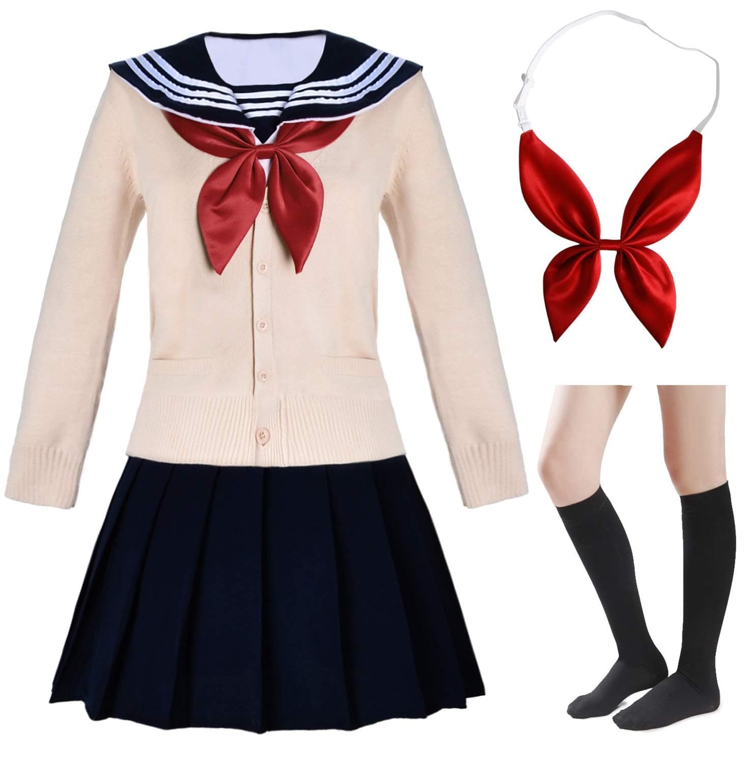 Japanese School Girls Short Sleeve Uniform Sailor Navy Blue Pleated Skirt Anime Cosplay Costumes with Socks Set