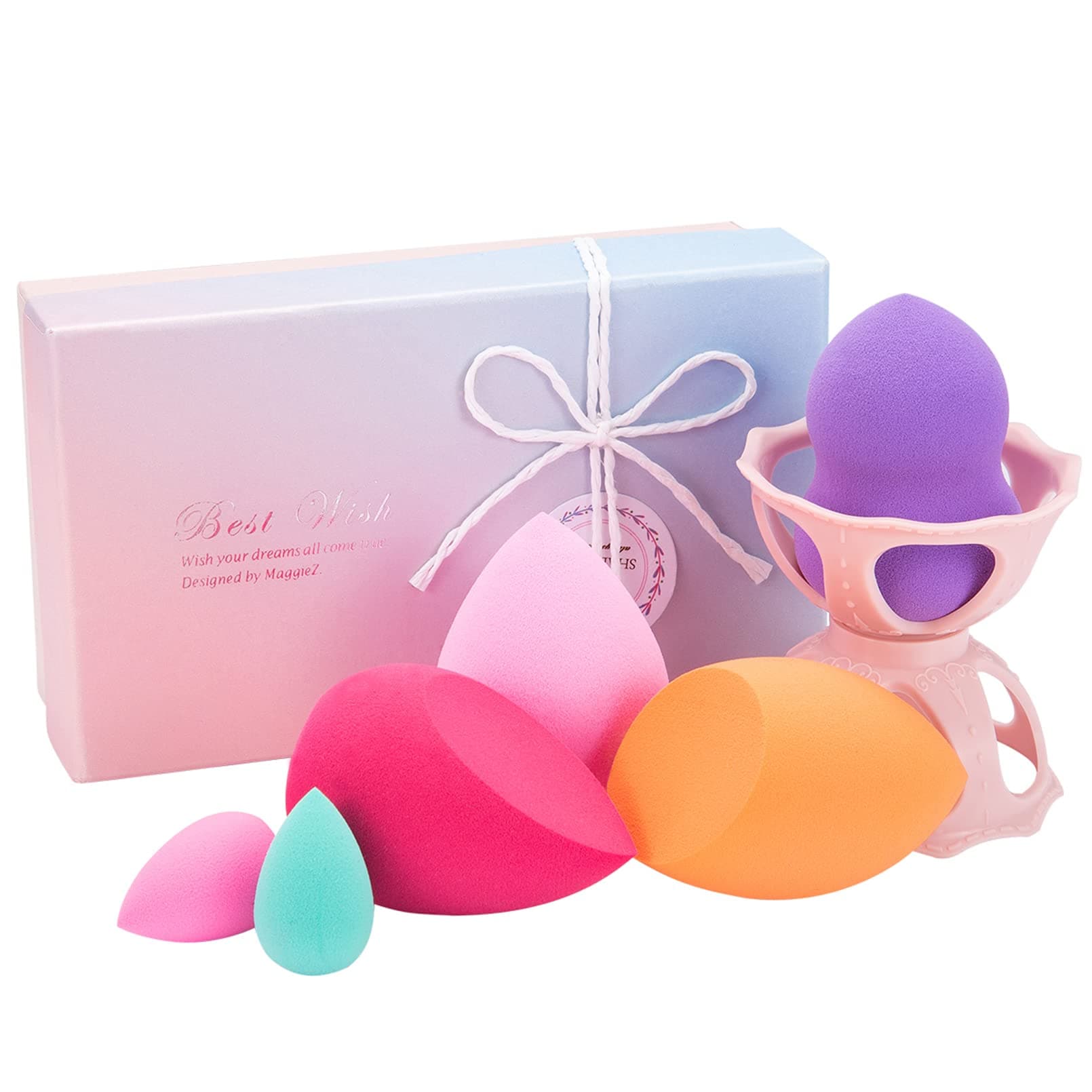FITDON Makeup Sponge Blender Set, 6 PCS Latex-free Beauty Foundation Blending Sponges Applicator, Flawless for Liquid Cream and Powder, Multi Color and Shape with Blender Holder
