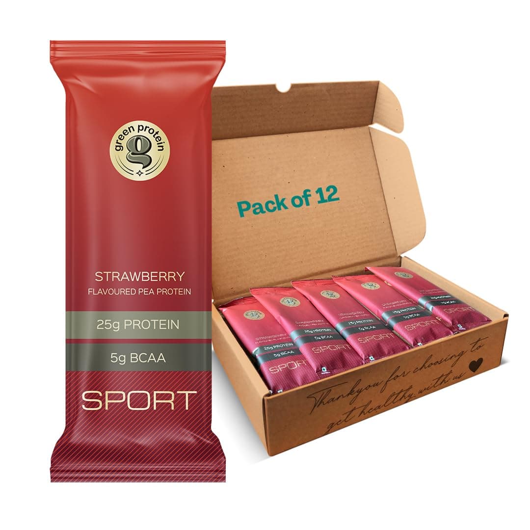 GREEN PROTEIN Sport Pea Protein Isolate Powder, 100% Vegan 25gm Plant Protein, 5g BCAA Per Serving | Wild Strawberry (Pack of 12)