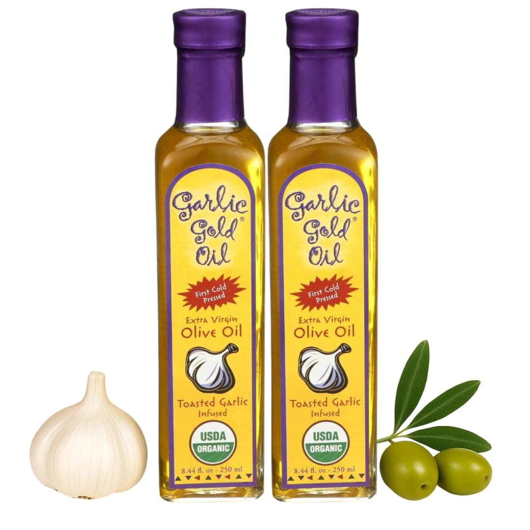 Garlic Gold Extra Virgin Olive Oil Infused with Garlic, Premium Certified USDA Organic, Low FODMAP, Cold Pressed (250 mL, 2 Pack)