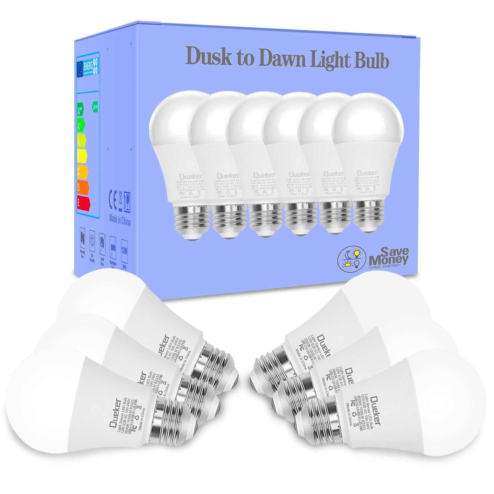 Queker6 Pack Dusk to Dawn Light Bulbs Outdoor 6000K Cool White Sensor Bulbs, 12W (100 Watt Equivalent) Auto On Off Photocell Sensor, E26 A19 1000LM LED Bulbs for Porch Garage Lighting