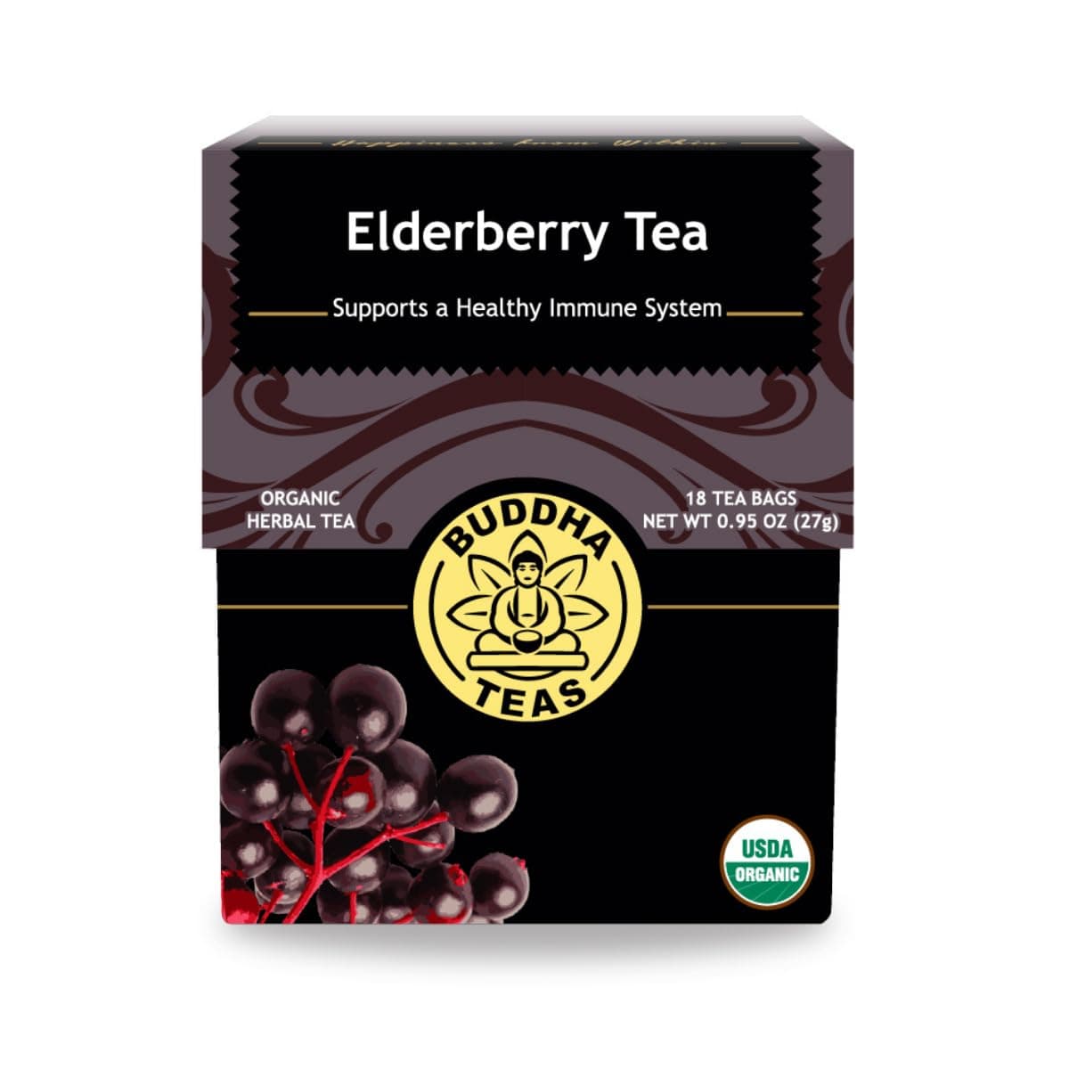 Buddha Teas - Organic Elderberry - Herbal Tea - For Health & Wellbeing - With Antioxidants & Minerals - Clean Ingredients - Caffeine Free - OU Kosher & Non-GMO - 18 Tea Bags (Pack of 1)
