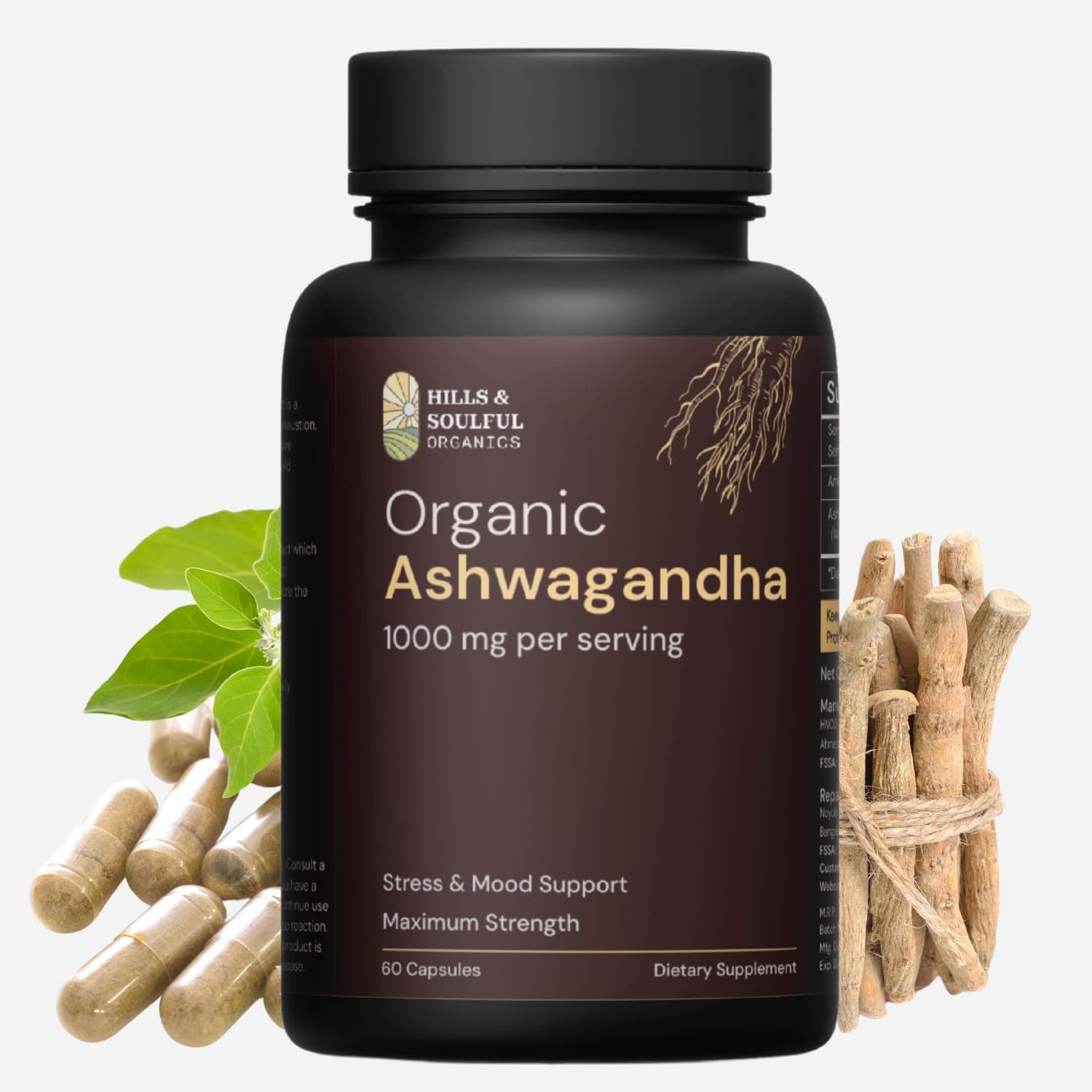 Ashwagandha Capsules 1000mg per Serving | High Strength Ashwagandha Root Powder Supplement | Supports Stress Management, Energy & Stamina | Adaptogen for Men & Women | 60 Veg Capsules