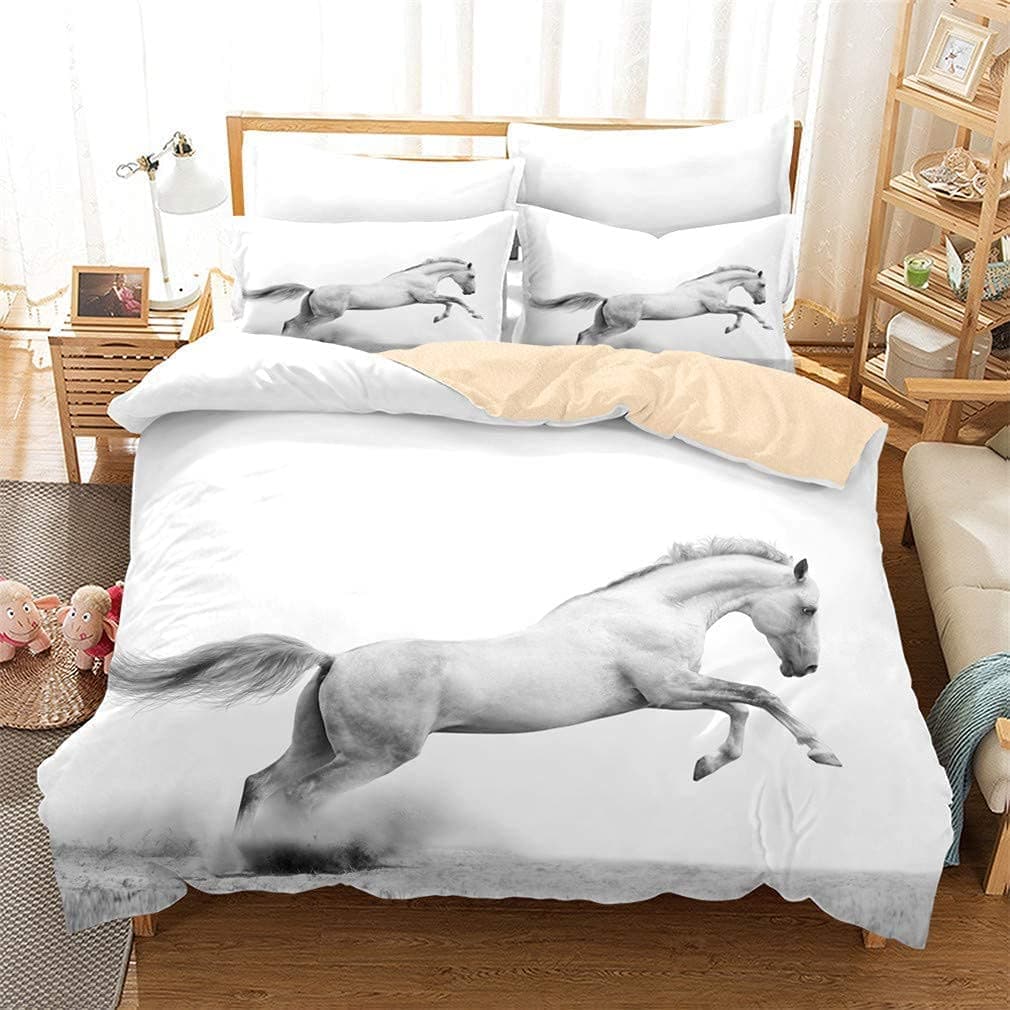 Horse Duvet Cover Set Twin Art White 3D Bedding Sets Soft Microfiber 3 Piece Personality Quilt Cover Set with Pillowcase Decoration Room Home (Twin -Style 17)