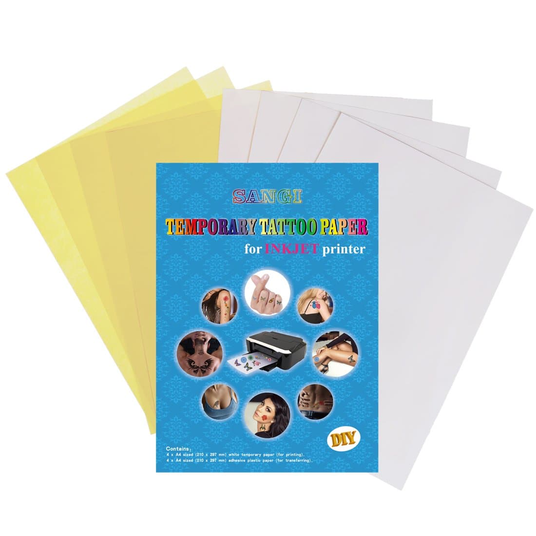 SANGI Temporary Tattoo Paper For Inkjet Printer Printable Custimized Water Slide Decal For Women Men Girls Kids DIY - 4 Sets Pack - A4 Size 11.7 x 8.3 Inches