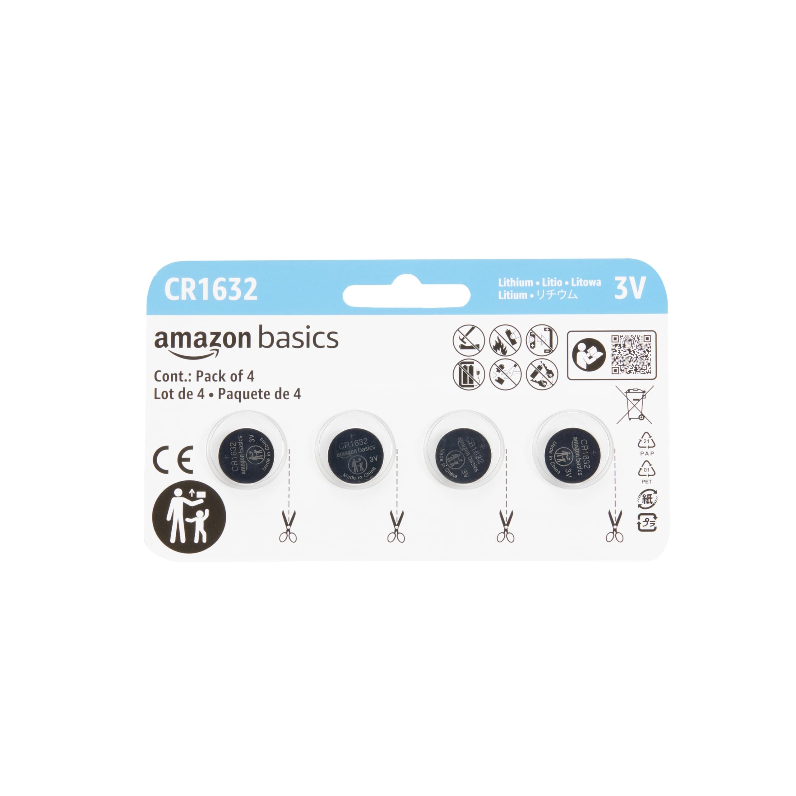 4-Pack CR1632 3 Volt Lithium Coin Cell Battery, Long Lasting Power, Mercury-Free, Reliable, Child Safety Packaging