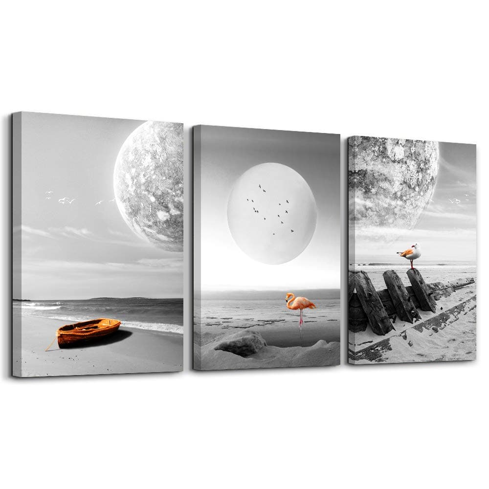 Canvas Wall Art Black White Dark Blue Sea Bird 12" x 16" x 3 Panels Canvas Painting Modern Artwork for Home Decoration Framed Ready to Hang