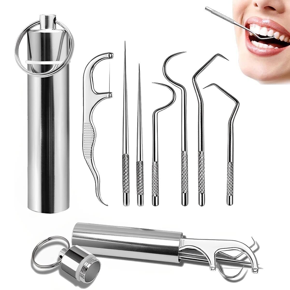 DHVYANT MART Unique Stainless Steel 7 In 1 Teeth Braces Cleaner Tools Kit Dental Floss With Storage Tube Used For Camping, Traveling, Picnic Persional Care Products Pack Of 1