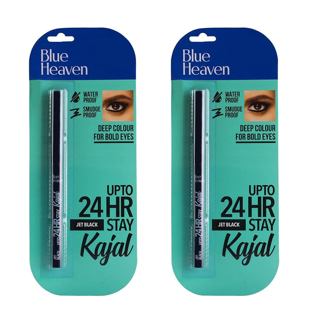 Blue Heaven 24 Hr Stay Kajal Black Waterproof | Long Lasting And Smudge Proof Pencil, Black Matte Finish | Pack Of 2 | 0.30G Each