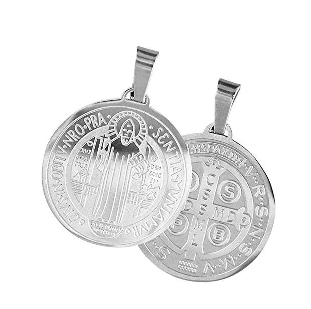 Silver Stainless Steel Saint Benedict Devil Chasing Medal Holy Pendant with 20" Chain