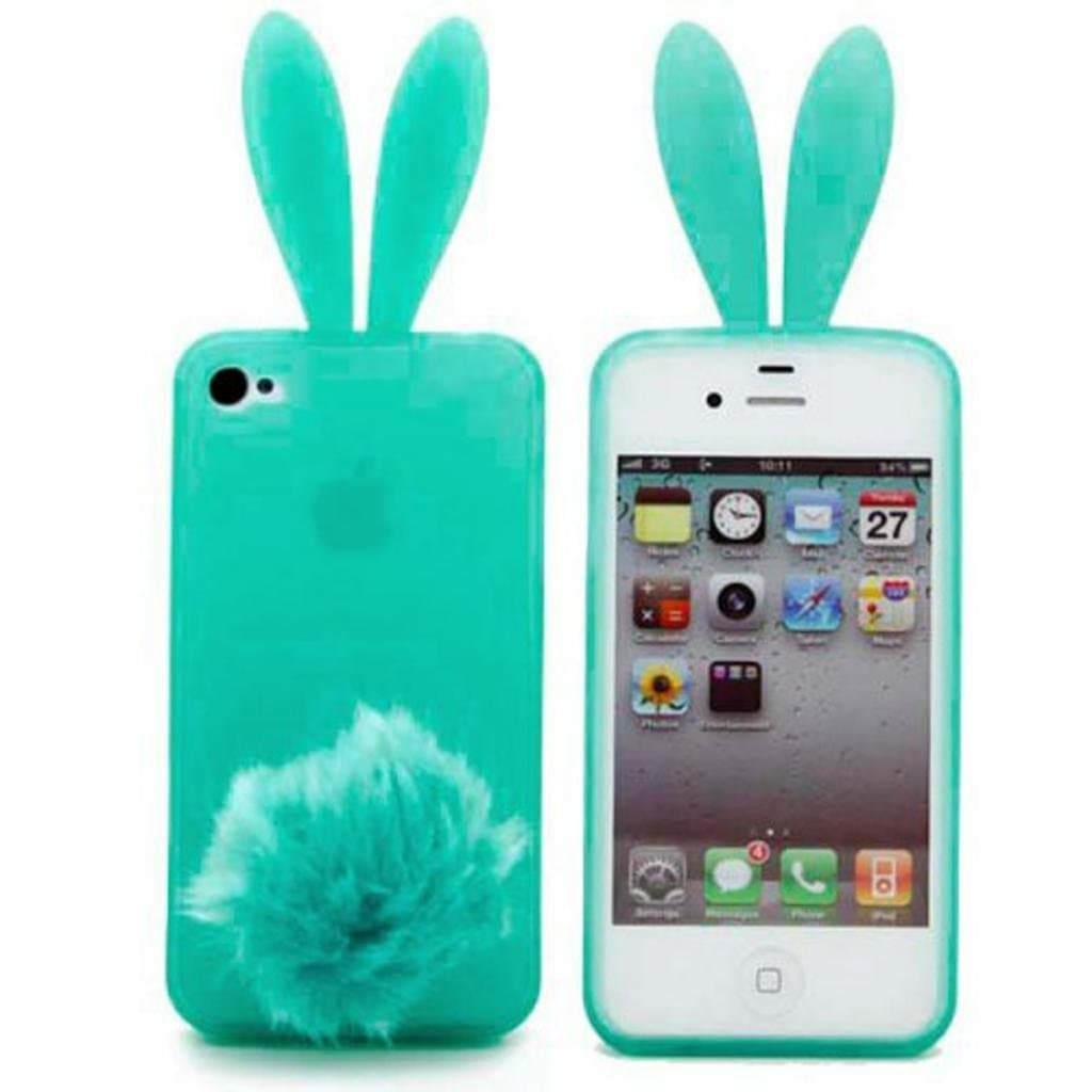DE New Fashion 3D Cartoon Animal Mint Green With Removable Furry Tail Holder Stand Rabito Rabbit Long Ear Design Style Soft Rubber Case Cover Shell Compatible for Apple iPhone 4 4G 4S