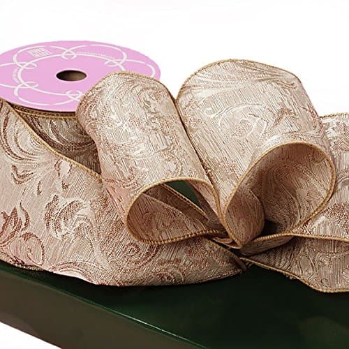 Premium 4 Christmas Ribbon 4" by 10 Yards (Light Gold Heavy Woven Damask Ribbon)