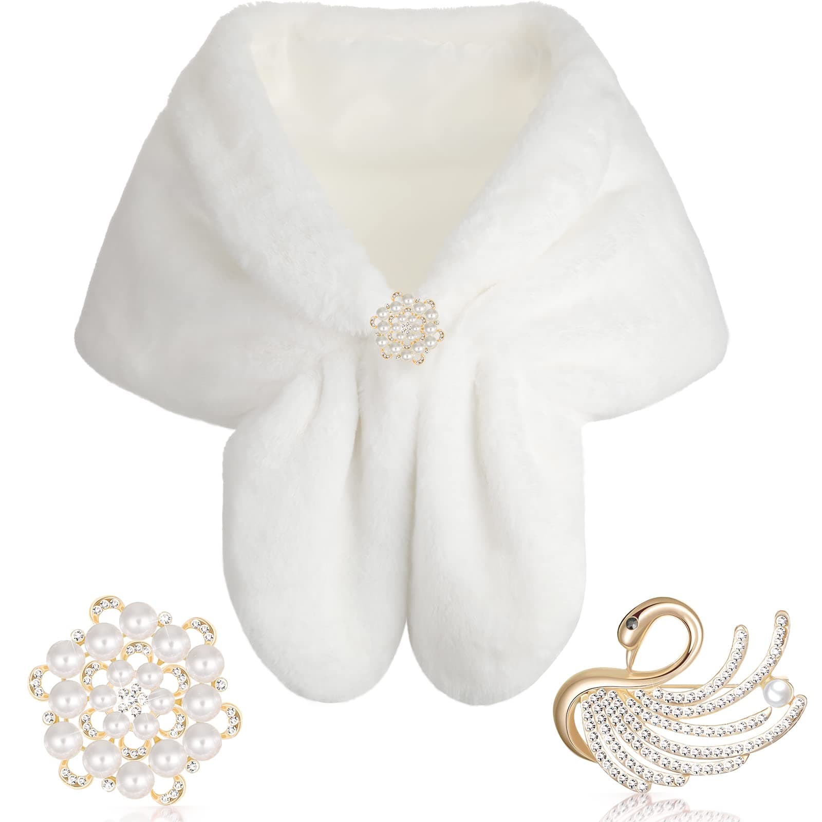 Faux Fur Shawl Wrap Stole Shrug Winter Bridal Wedding Scarf Wrap with Faux Pearl Rhinestone Brooches for Women 1920s