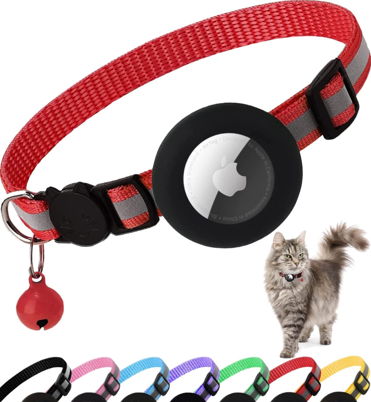 Airtag Cat Collar Breakaway, Reflective Kitten Collar with Apple Air Tag Holder and Bell for Girl Boy Cats, 0.4 Inches in Width and Lightweight(Red)