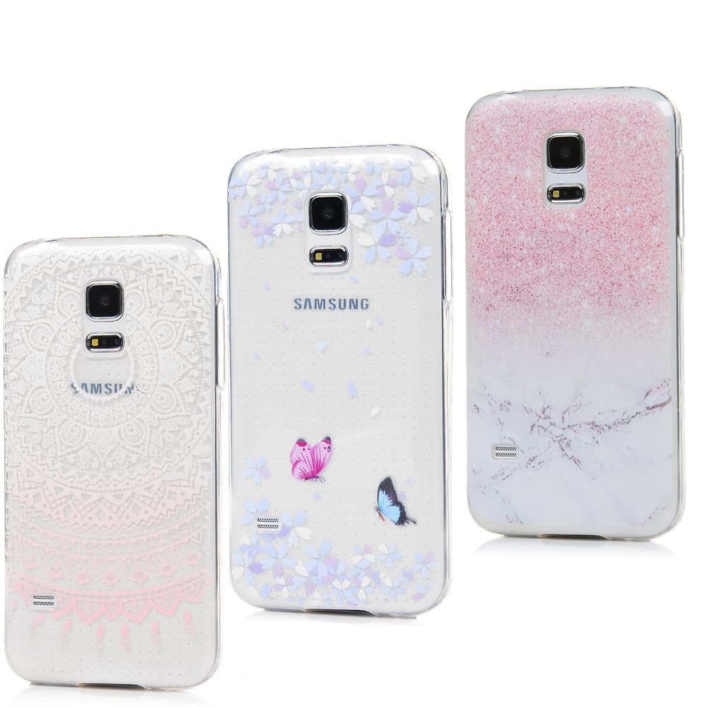 [3 Pack] Samsung Galaxy S5 Mini Case TPU Silicone Cover Case Slim Fit Stylish Rubber Bumper Cover Full Body Flexible Drop-Protection Shell Gel Grip Case for Galaxy S5 Mini, Marble + Totem + Butterfly