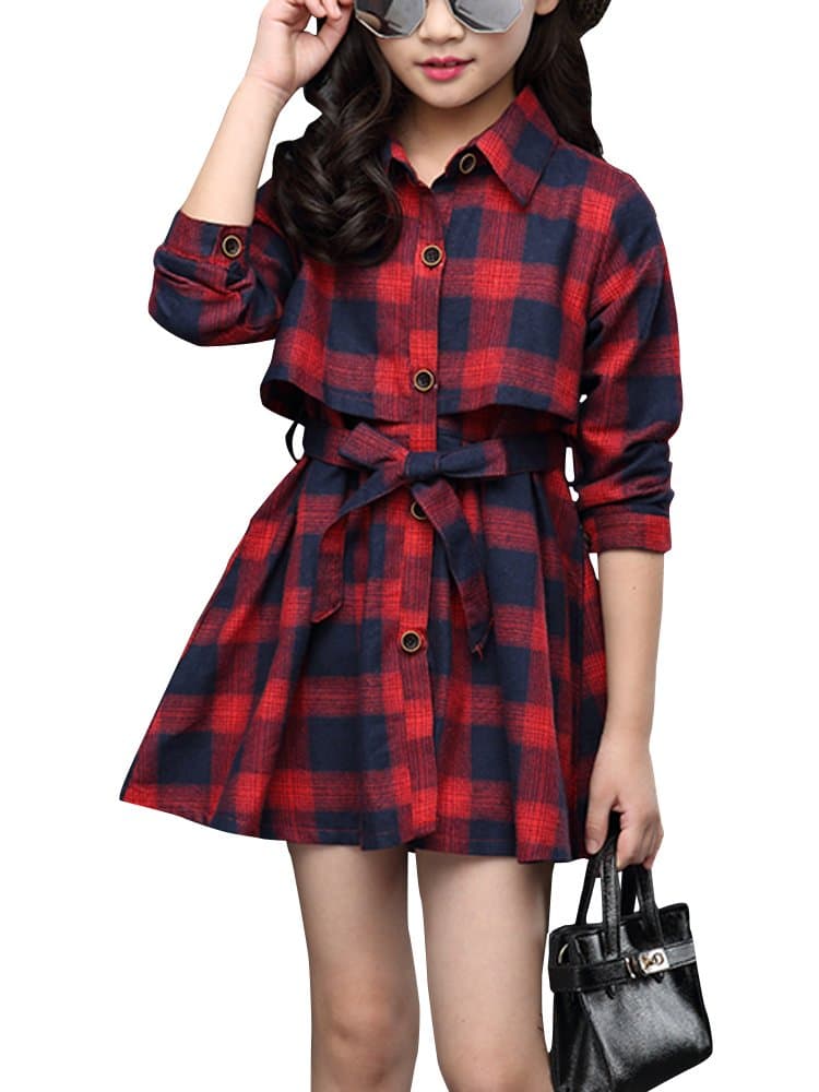 Little & Big Girls' Kids Check Plaid Long Sleeve Collar Neck Casual Button Down Shirt Dress