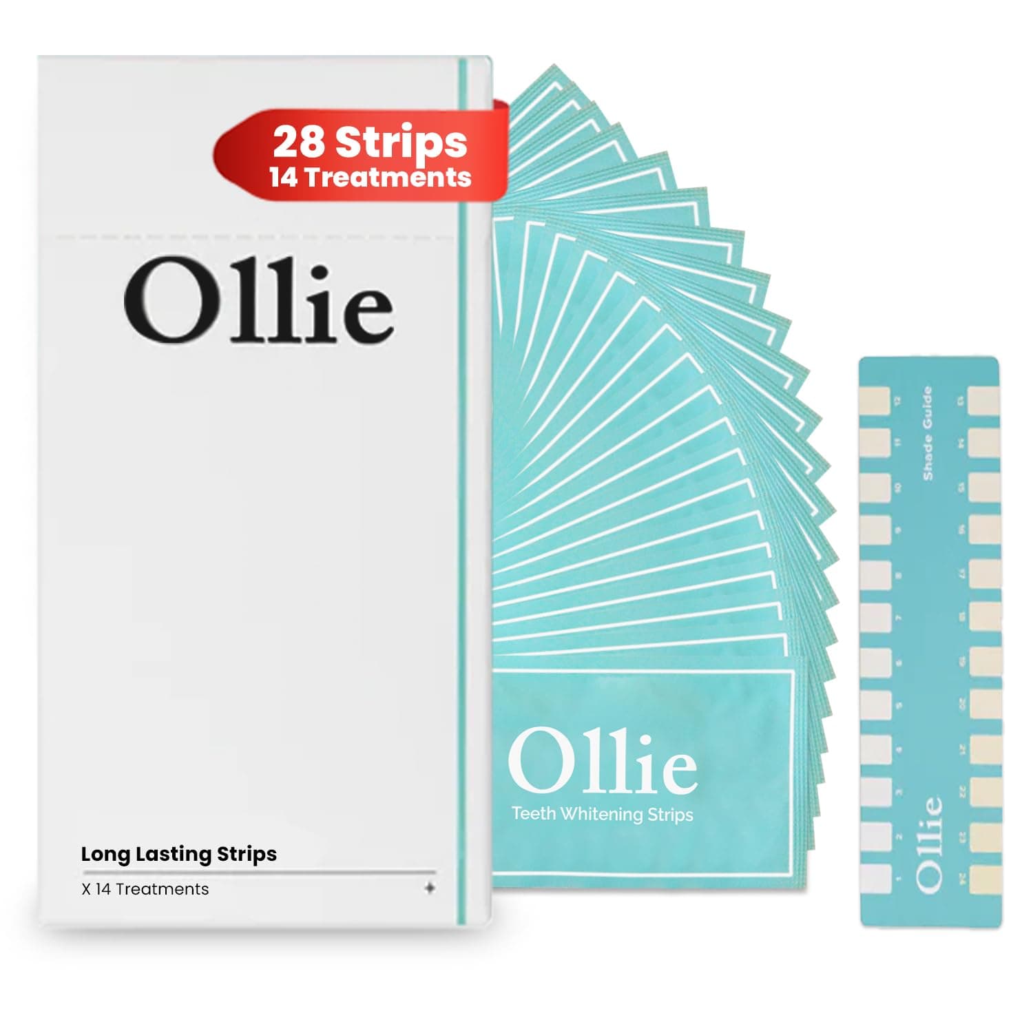 Ollie Teeth Whintening Strips, 28 PCs, 14 Treatments, Includes Shade Guide to Track Progress, Super Sticky Non - Sensitive White Strips for Teeth Whitening