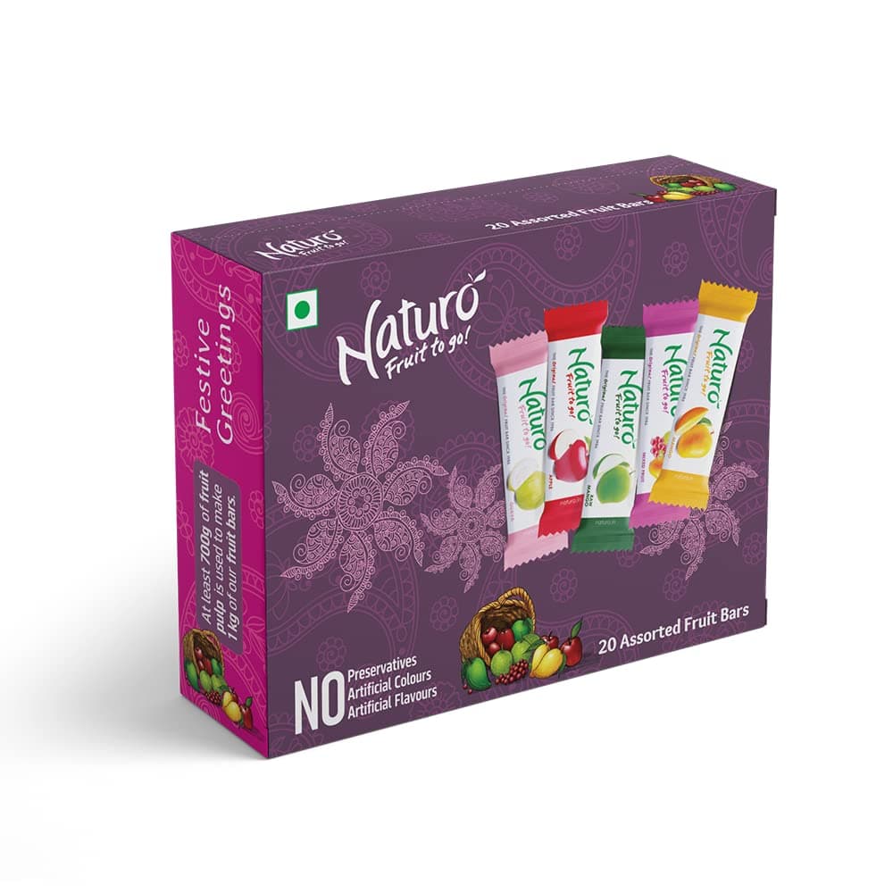 Naturo Assorted Festive Gift Box (Purple) | Pack of 2 Gift Boxes (20 Fruit Bars per box) | Mango + Apple + Guava + Raw Mango + Mixed Fruit | No Preservatives, Artificial Colour or Flavours