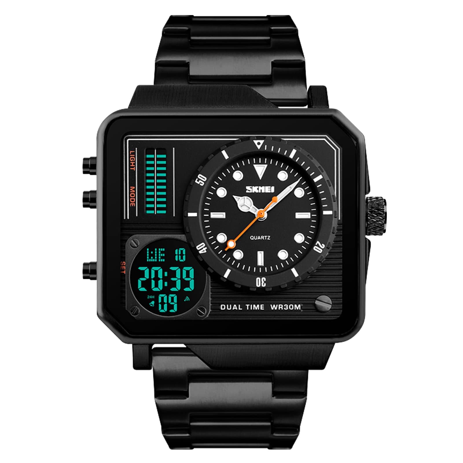 SKMEI Stainless Steel Men Watch for Men, Led Square Large Face Analog Quartz Wrist Watch for Men with Multi-Time Zone Waterproof Stopwatch - 1392 Black Dial, Black Band