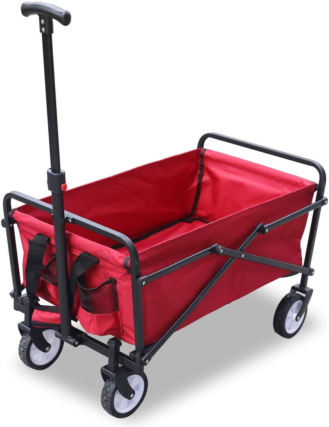 EzyFast Compact Folding Wagon, Collapsible Outdoor Utility Garden Shopping Cart with Rubber Wheels (Red)