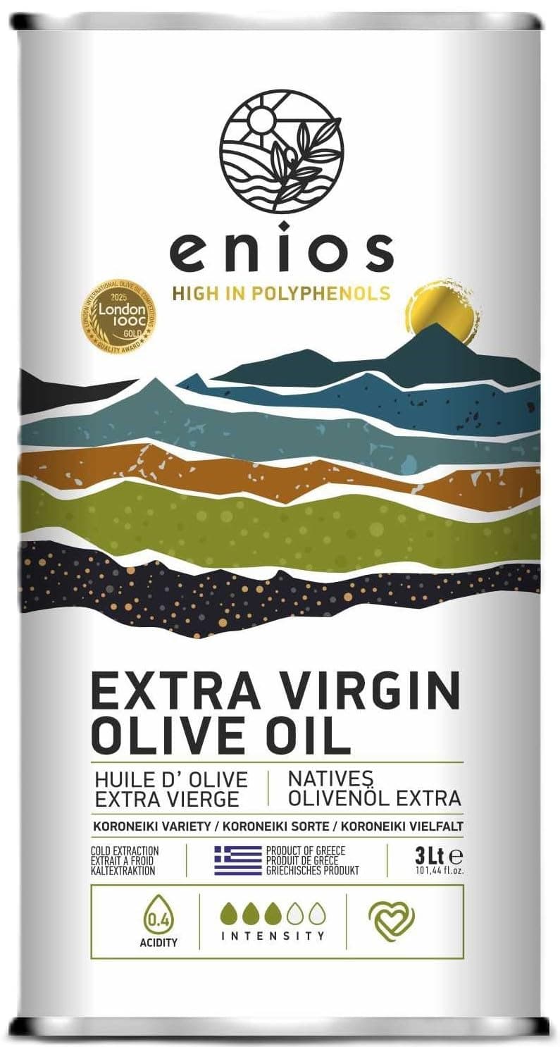Enios Premium Greek (Kalamata) Extra Virgin Olive Oil 3L. New Harvest 2025/2026. First Cold Pressed, Low Acidity 0.27%, Rich in Polyphenols. Best Before: Jun-2027