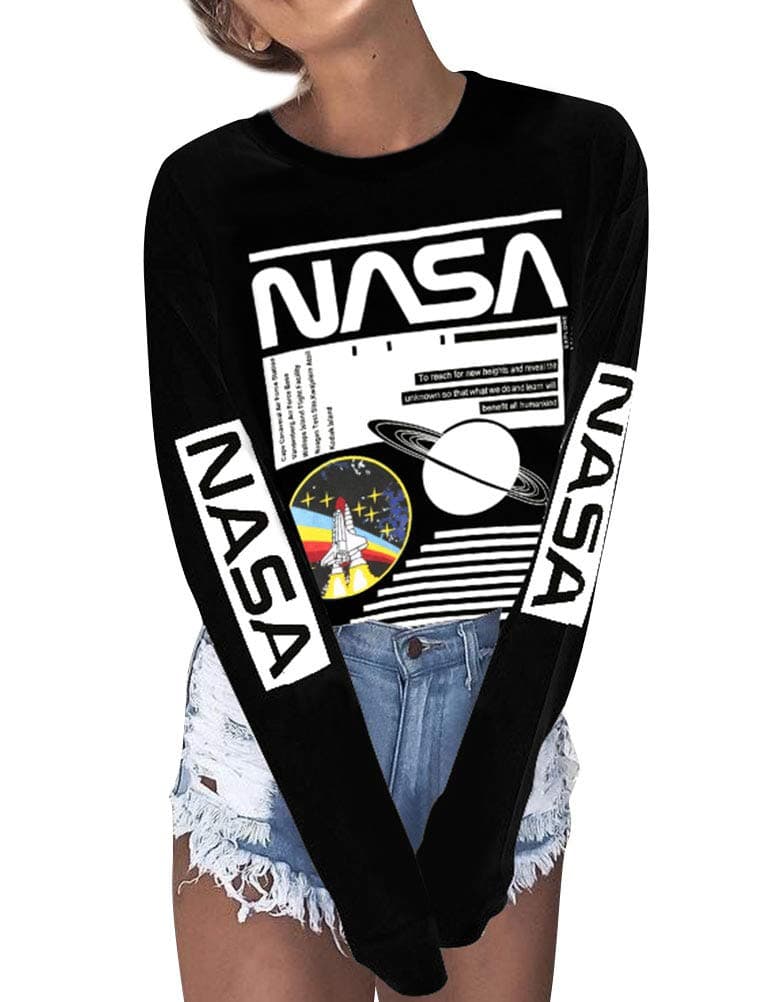 WLLWWomen Long Sleeve Graphic Shirts NASA Space Letter Print Crew Neck Tee Tops Tshirt
