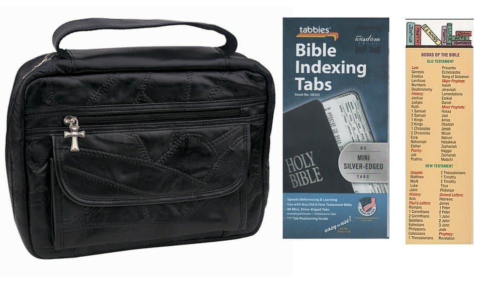 Bible Book Cover- Black Leather Large, Index Tabs, Bookmark, Set of 3 Items