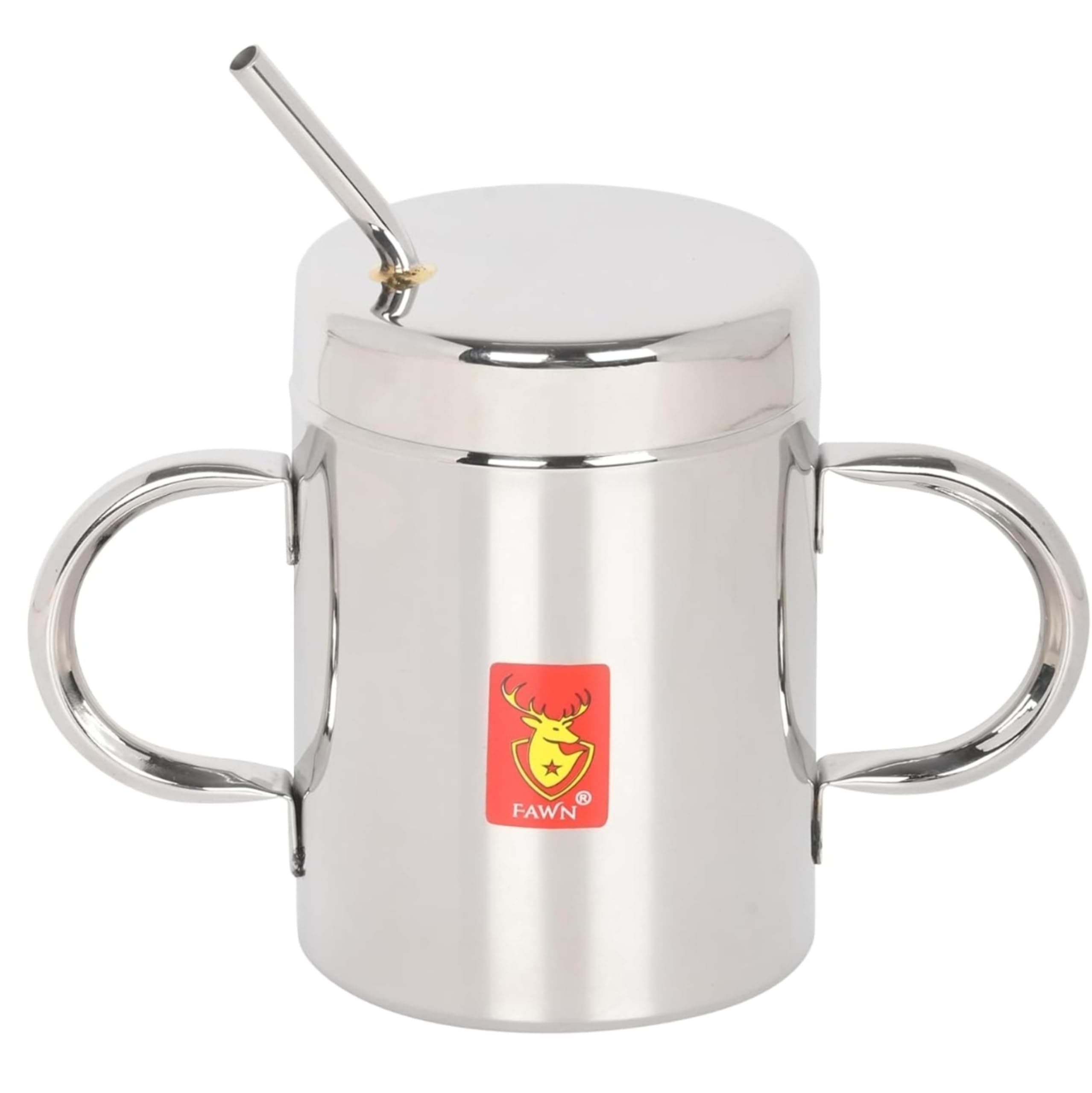 Stainless Steel Straw Glass with Lid Mug for Kids Baby Sipper Coffee Milk Tumbler with Straw, Silver, Pack of 1 (Straw Glass with Lid and Handle)