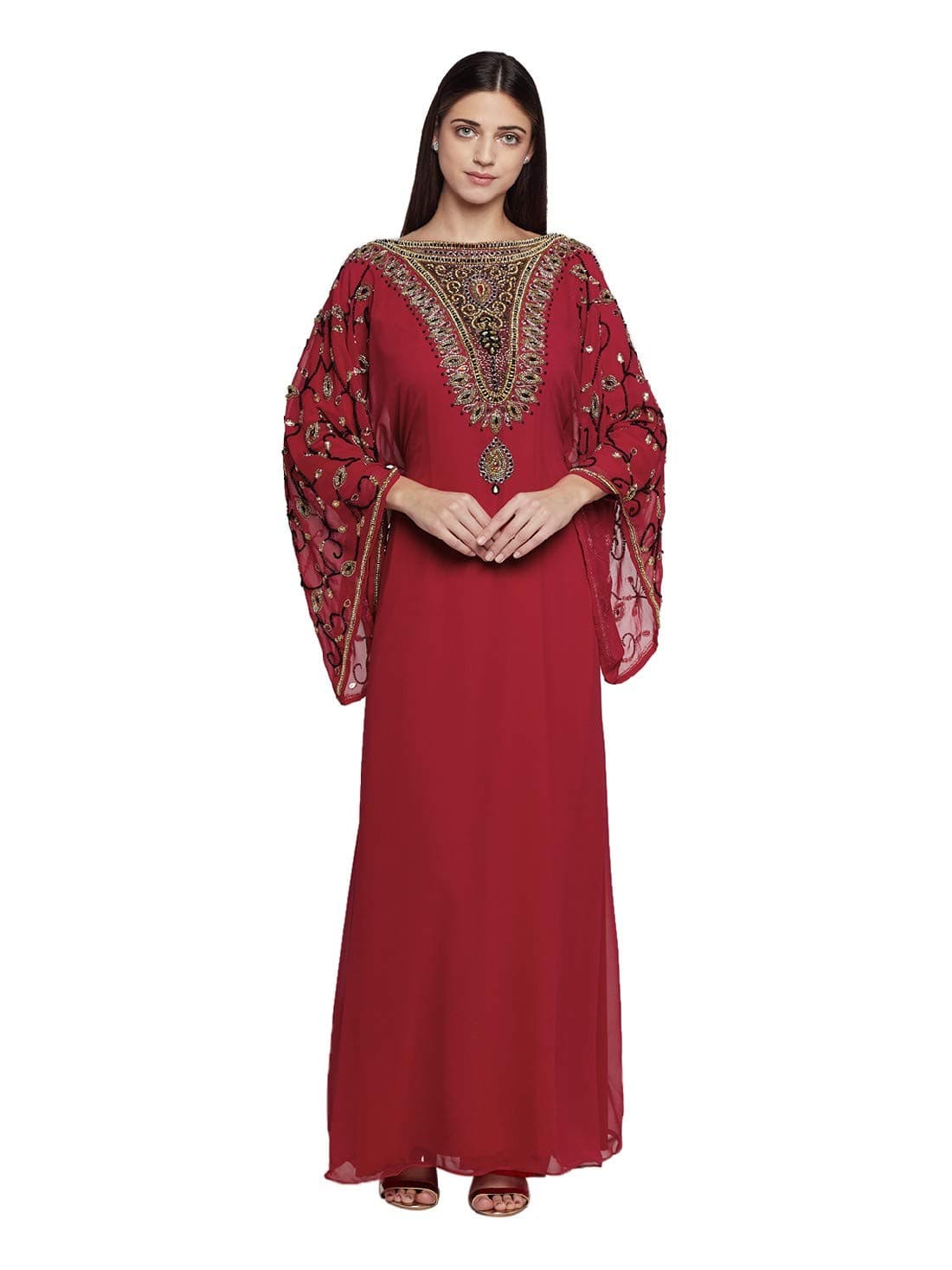 ANIIQWomen Dubai Kaftan Farasha Caftan Long Maxi Dress Long Sleeves Georgette Ethnic, Evening Party,Wedding with Free Scarf