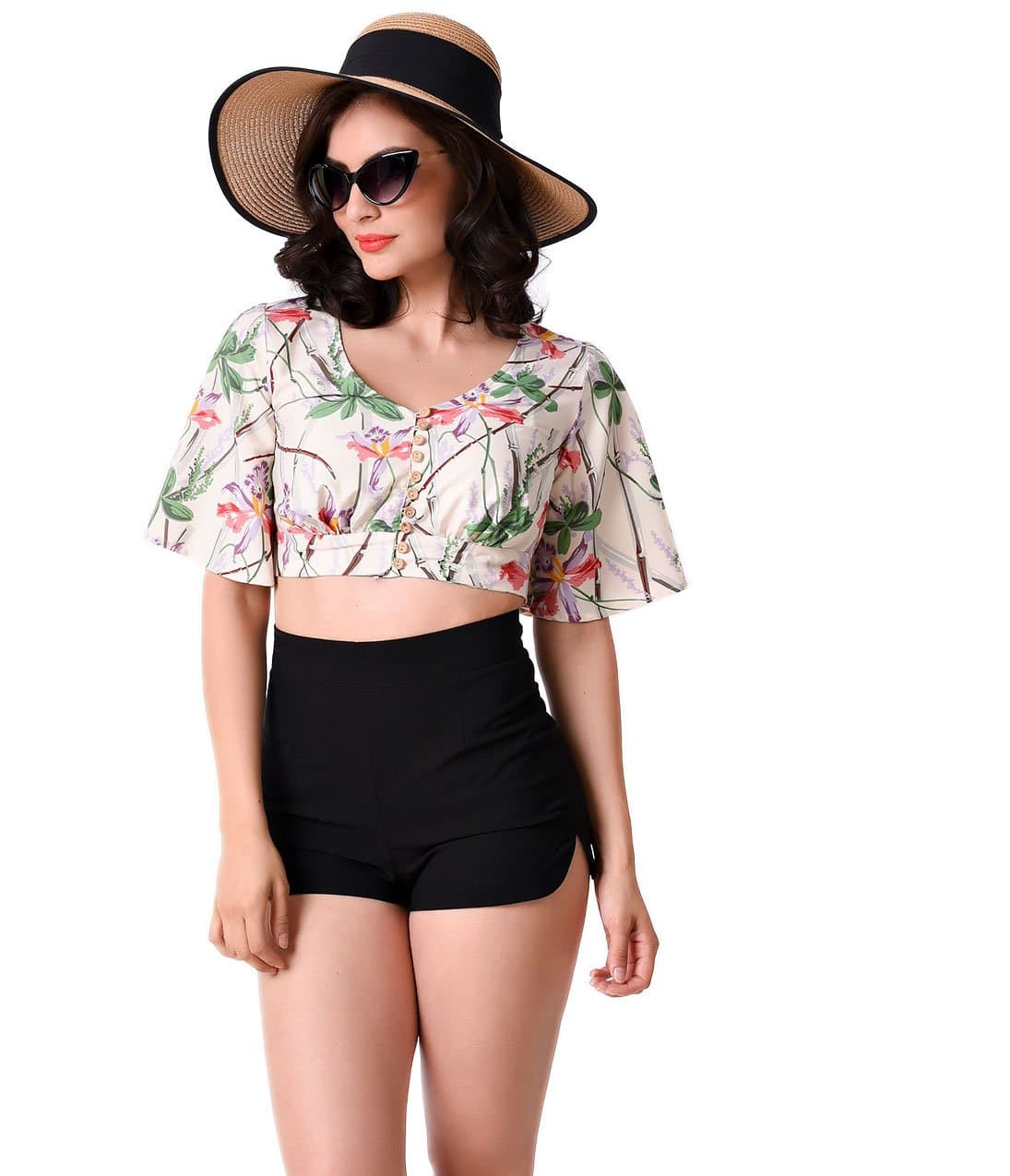 Hell Bunny 1940s Beige Short Sleeve Bamboo Chiffon Crop Top