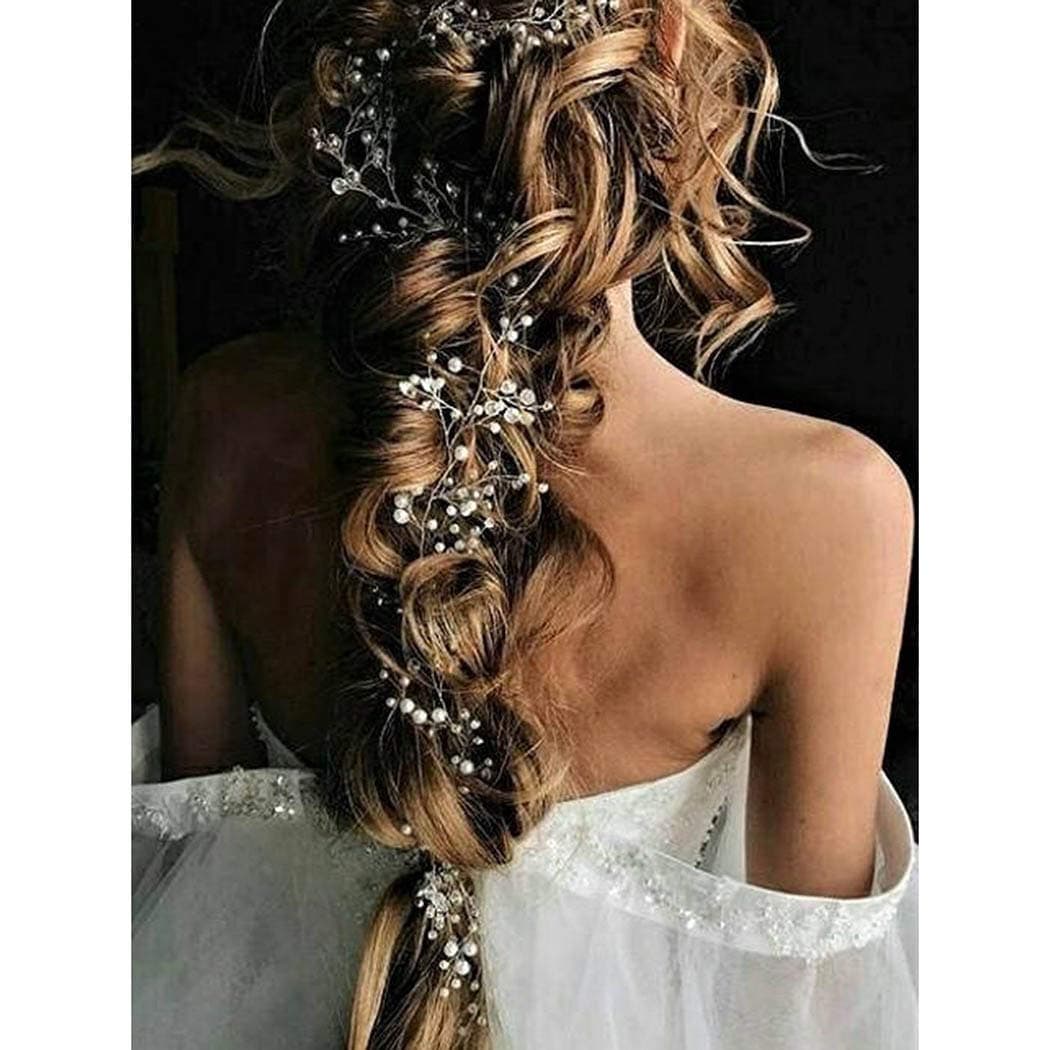 Catery Bride Wedding Headband Silver Pearl Long Hair Vine Bead Bridal Hair Accessories for Women and Girls