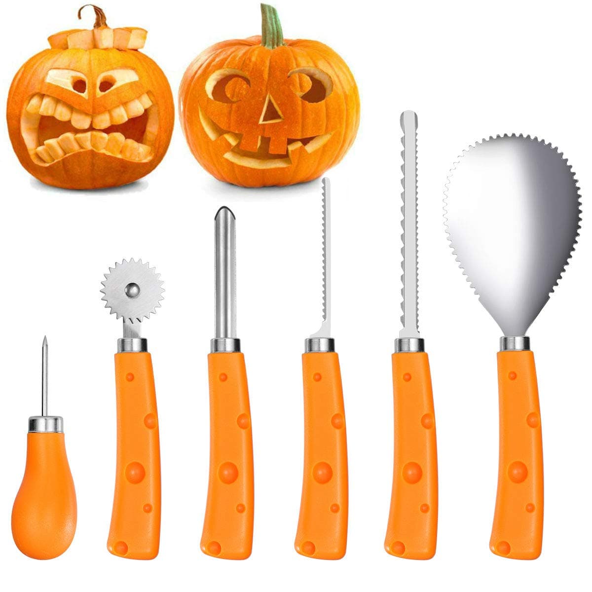 IBASETOY Halloween Pumpkin Carving Kit - Professional Stainless Steel Pumpkin Carving Tools Set for Kids and Adults, Easily Carve Sculpt Halloween Jack-O-Lanterns (with Carrying Bag) (Orange-6pcs)