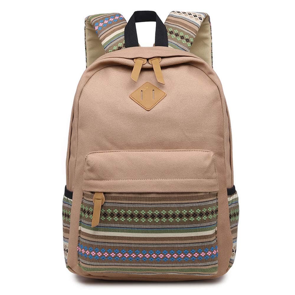 Evay 14 Inch Laptop for Women Vintage College Waterproof School Bags Canvas Multi-Coloured Stripes Rucksack Laptop Rucksack khaki